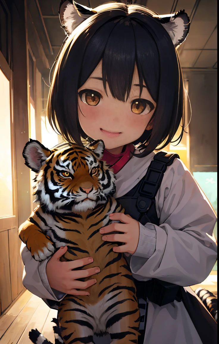 reallistic、Movie Still、Tiger Girl、little kindergarten girl   ,,On the battlefield、girl firing a ray gun、(a closeup:1.1)、with light glowing、With smiling eyes、A delightful、Warm and soft lighting、Evening glow,blush