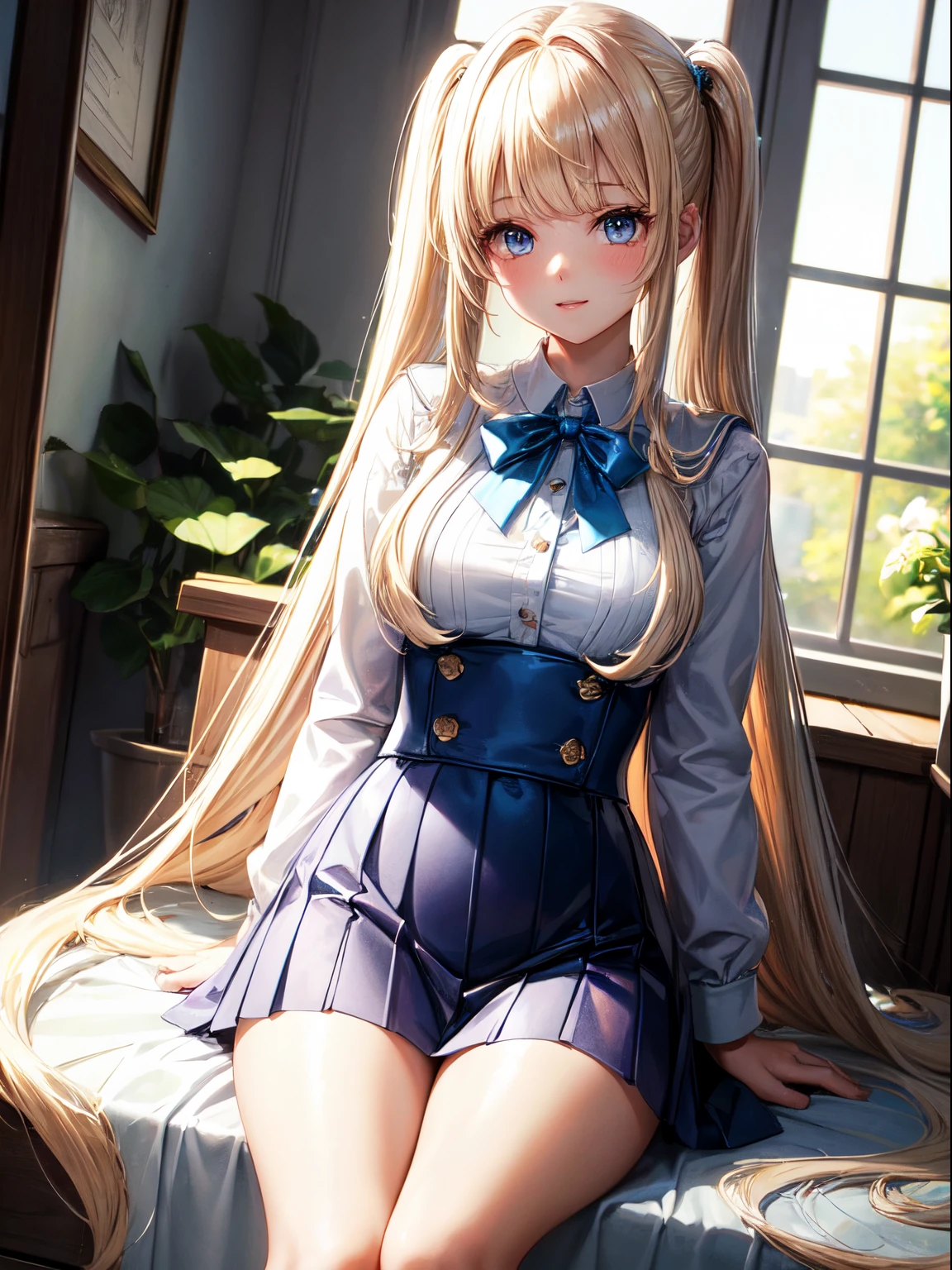 blond haired girl sitting on a bench in a room with a window, a hyperrealistic , hyperrealistic , realistic , seductive anime girl, smooth anime cg art, thighhighs and skirt, anime barbie in white stockings, photorealistic anime girl render, on a desk, [ 4 k digital art ]!!, beautiful anime high school girl
