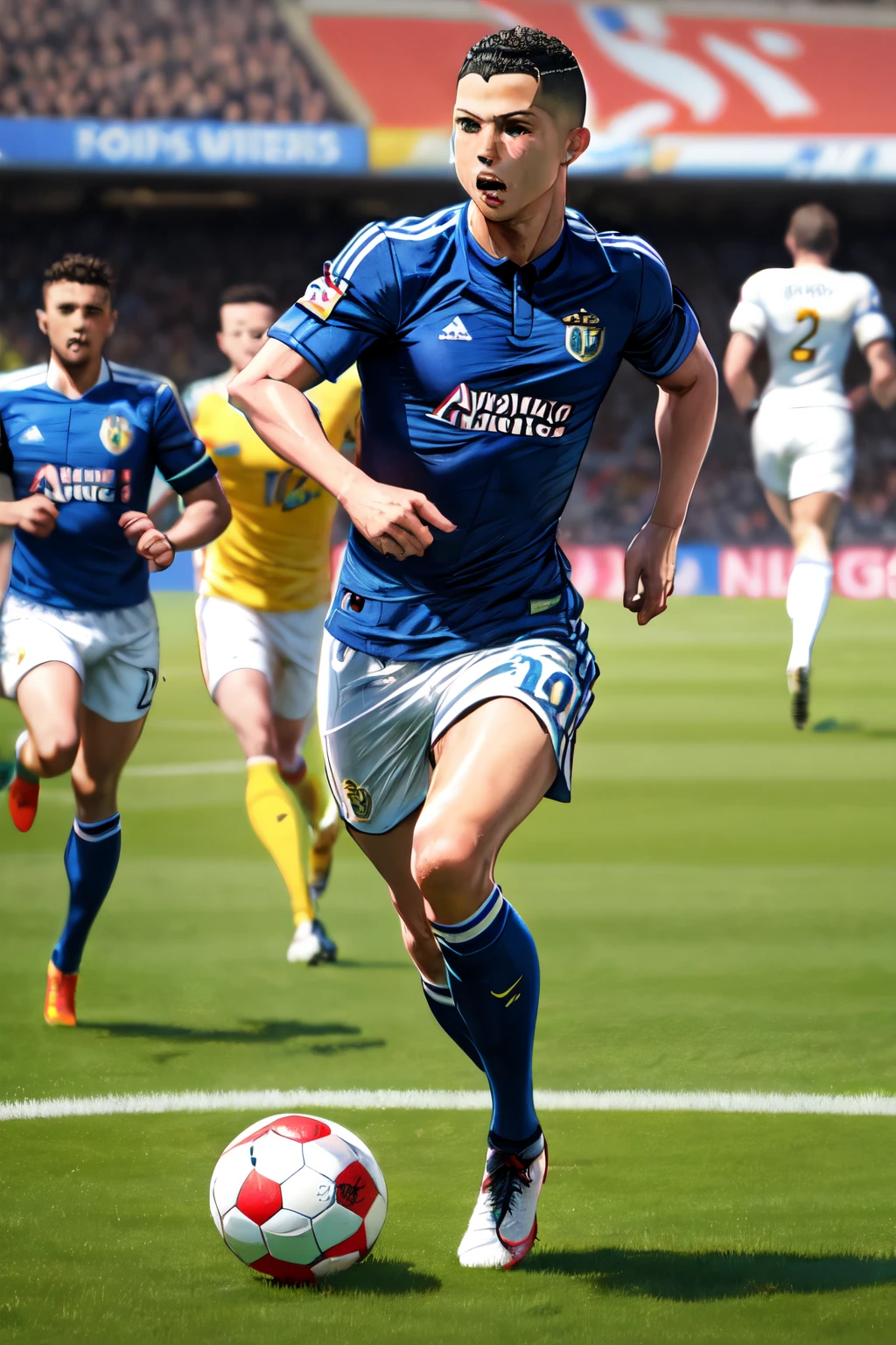 Ronaldo playing football in the football ground and three-four players running behind him Ronaldo going towards the goal, original, real, 4k, extreme, realistic