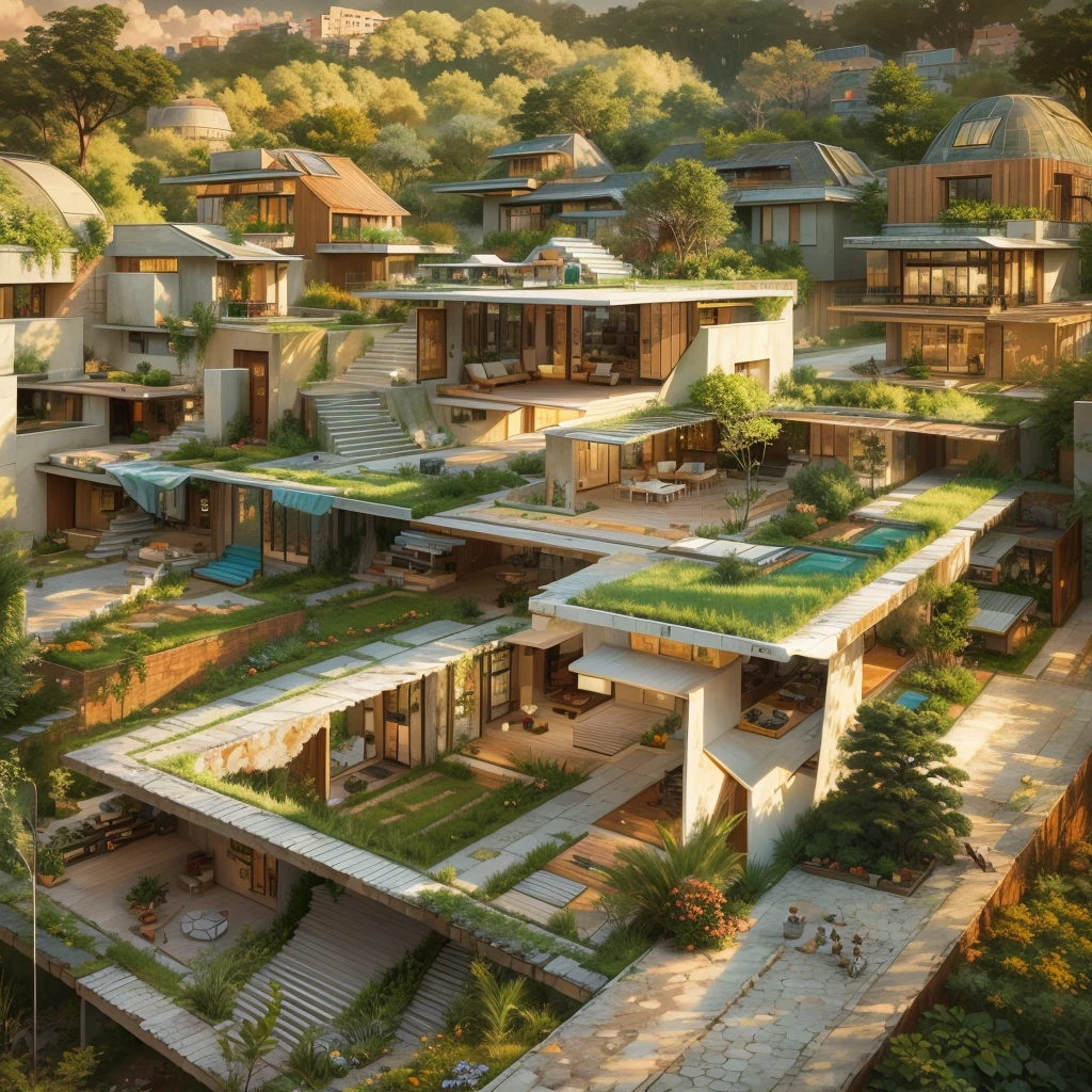 tribal style,Utopian,afofuturism,Postmodern,Villas,an outside garden, Stone road, the sunset,