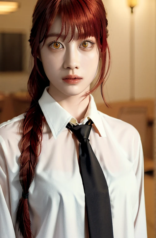 masterpiece, (photorealistic:1.4), best quality, beautiful lighting,
(ulzzang-6500:0.5), makima \(chainsaw man\), (red hair)+(long braided hair)+(bangs), yellow eyes, golden eyes, ((ringed eyes)), (white shirt), (necktie),
RAW photo, 8k uhd, film grain,4k,HDR,(professional photo)
