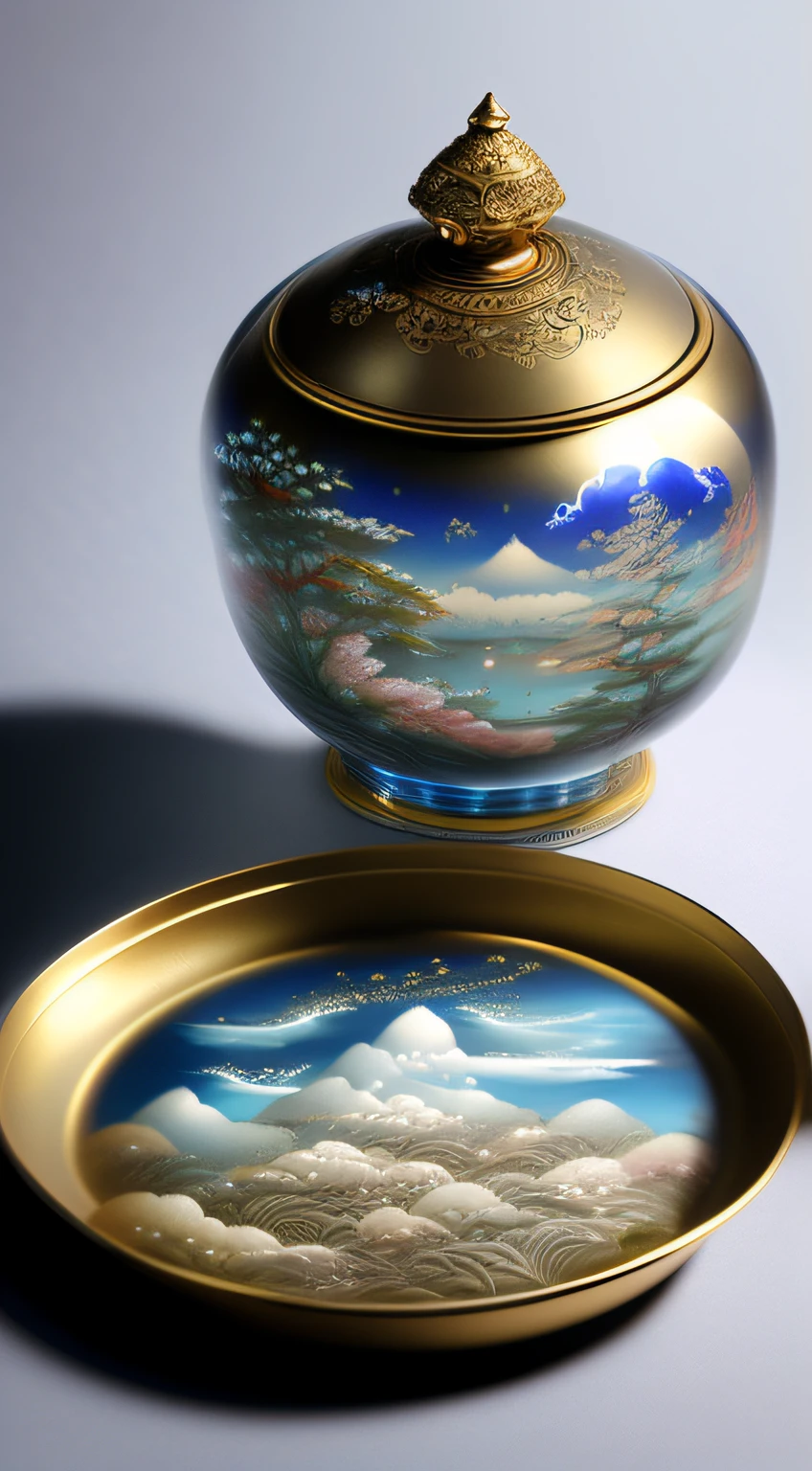 tmasterpiece,Best quality,Transparent and exquisite round tea can,Contains the wonderful world of miniature luminous landscapes, birds and flowers.,Reflecting Chinese tea culture,Zen Buddhism,Tea ceremony etiquette,The lid of the tea can is exquisitely decorated with jade and gold edges.,The bottom of the tea can is decorated with auspicious clouds,Tea cans placed on delicate trays,imagination beyond nature,The artistic conception combining fantasy and reality,stunning art,Zen Buddhism,Tea ceremony etiquette,cloudy feeling,hd render,ultra-realistic realism,Commercial shooting,Advertising style,Frontal ultra-wide-angle panoramic shooting,Center composition,University teacher't exposure table,A little reflection,Movie HD texture,epic illumination,The center of the bottle will glow,Characters are not displayed,dreamscape in a jar,stunning digital illustration,Blue realistic 3D rendering,highly detailed scenario