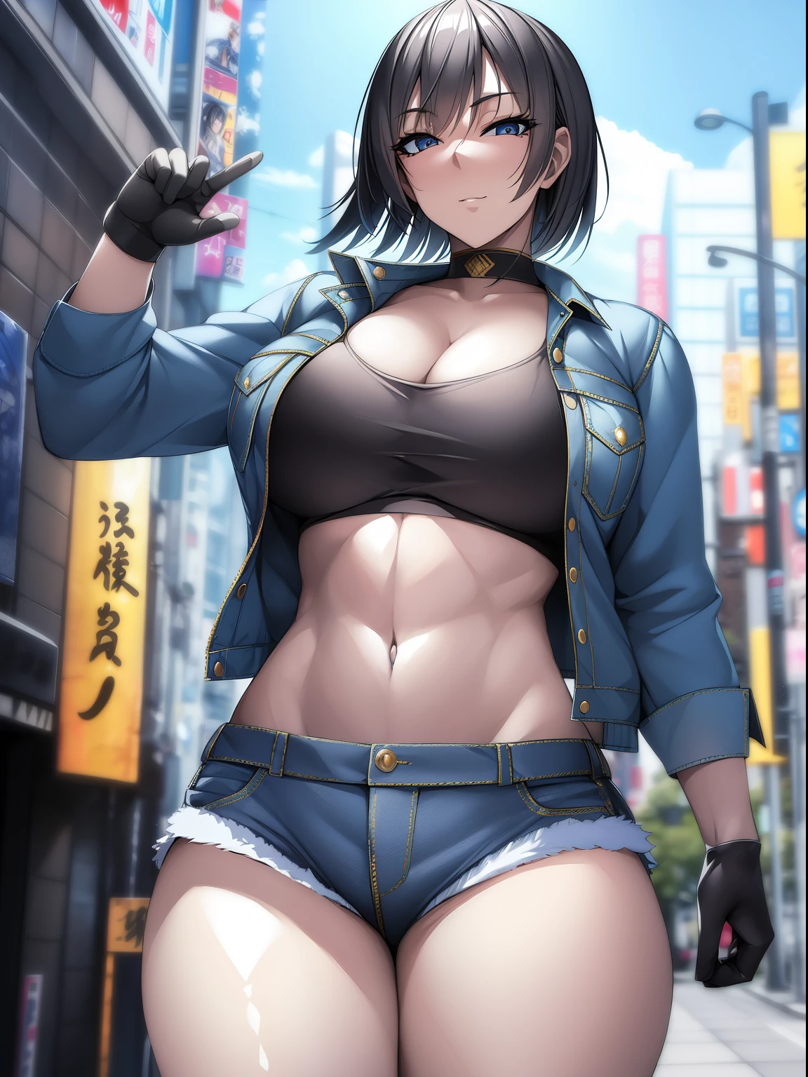 Masterpiece,8k, perfect face highly detailed,HDR, ultra realistic photoshoot, absurdres,award winning photo, extremely detailed, amazing, fine detail, 
KazAsuka, Japanese woman, blue crop top, big breasts, denim jacket and minishorts, short black hair, MMA gloves, posing for a picture, in the streets of Osaka