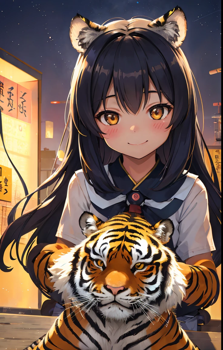 reallistic、Movie Still、Tiger Girl、   ,,On the battlefield、girl firing a ray gun、(a closeup:1.1)、with light glowing、With smiling eyes、A delightful、Warm and soft lighting、Evening glow,blush