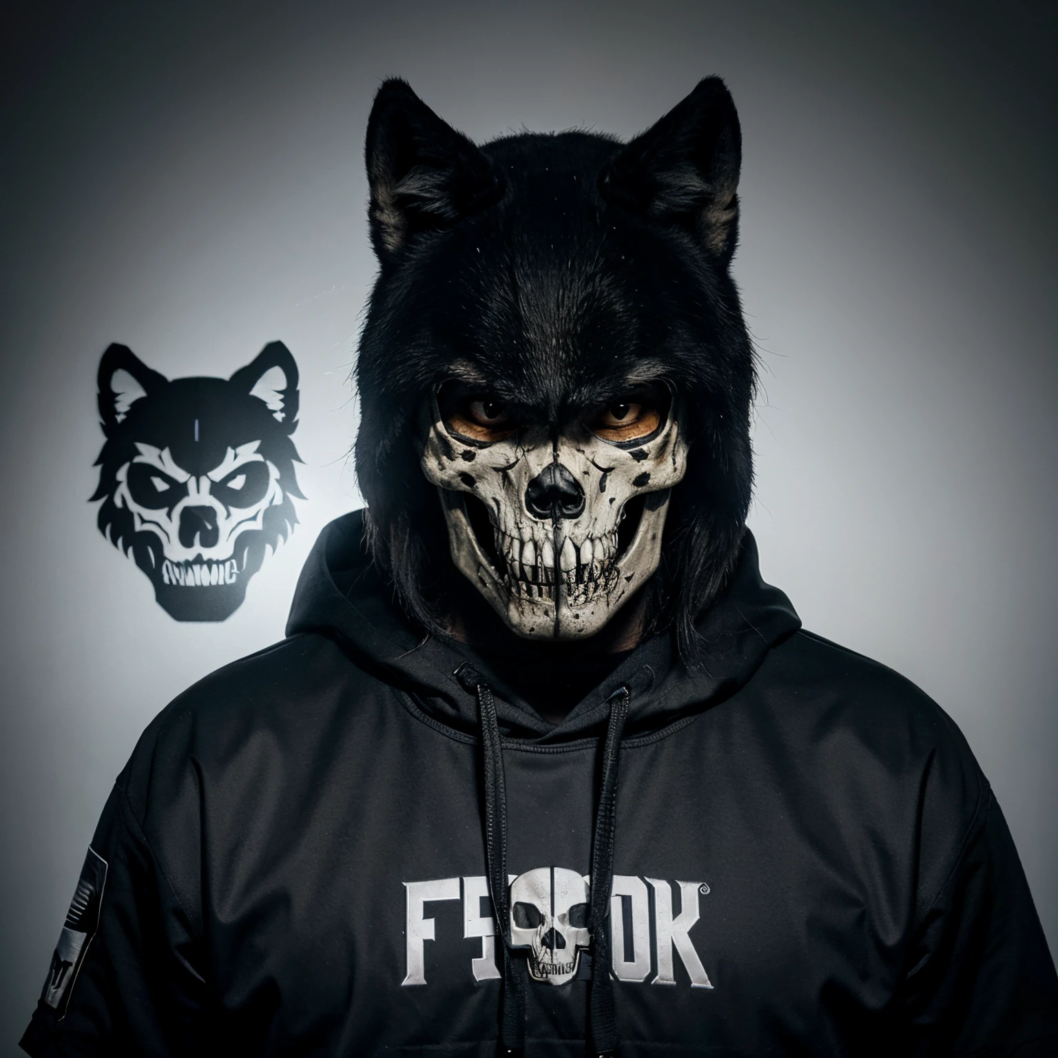 Create a logo for an Airsoft team featuring a fierce wolf skull with an Aeg and the writing headshot urt at the bottom.