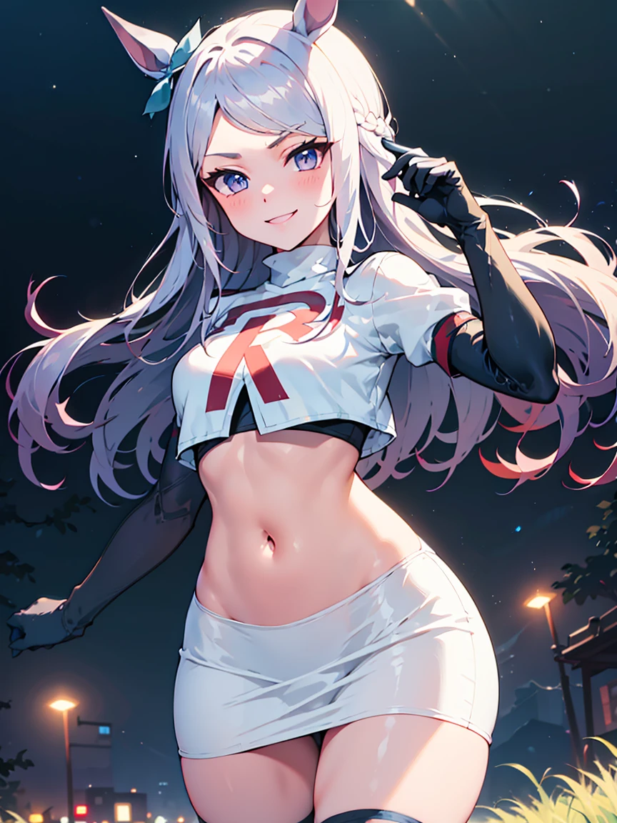 MejiroMcQueen, Mejiro McQueen\(umamusume\), silver hair, long hair, horse ears, horse girl,  team rocket uniform, red letter R, white skirt,white crop top,black thigh-high boots, black elbow gloves, smile, looking at viewer, cowboy shot, sexy pose, night sky background