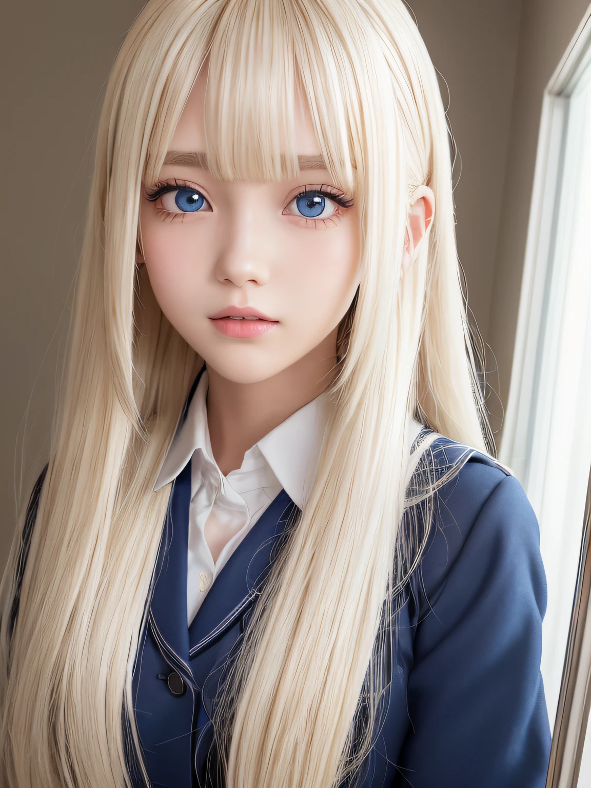 portlate、School Uniforms、bright expression、poneyTail、Young shiny shiny white shiny skin、Best Looks、Blonde reflected light、Platinum blonde hair with dazzling highlights、shiny light hair,、Super long silky straight hair、Beautiful bangs that shine、Glowing crystal clear attractive big blue eyes、Very beautiful nice cute  girl、Lush bust