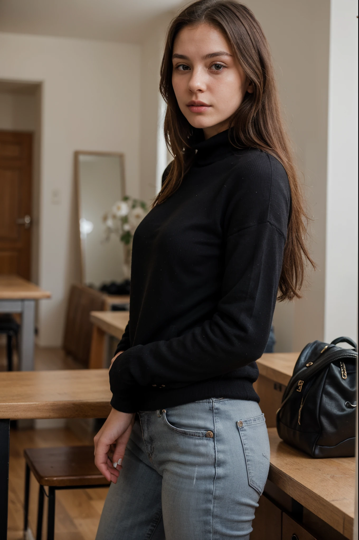 photography of a 20yo woman, perfect face, masterpiece, black_pullover, jacket, black_jeans, close to face, profile picture, close, same face, fully clothed, no brand, seductive, croatia