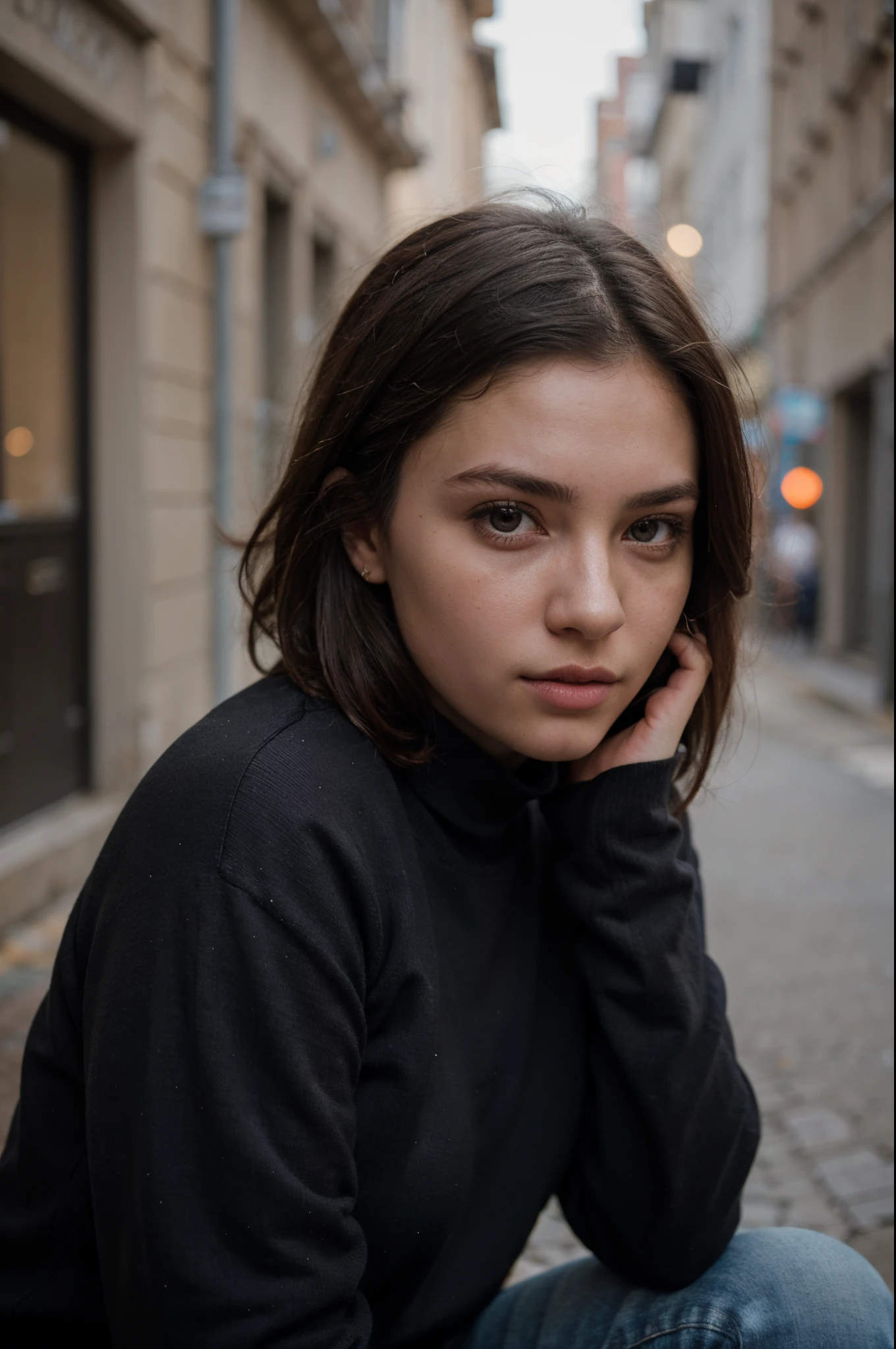 photography of a 20yo woman, perfect face, masterpiece, black_pullover, jacket, black_jeans, close to face, profile picture, close, same face, fully clothed, no brand, seductive, croatia