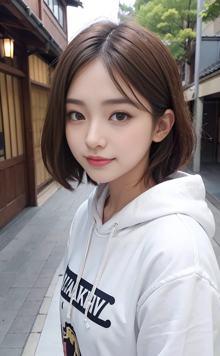 Cute 21 years old Japan、college、University courtyard、college、courtyard、Super Detail Face、Eye of Detail、二重まぶた、beautiful thin nose、foco nítido:1.2、prety woman:1.4、(light brown hair,short-haired、),fair white skin、top-quality、​masterpiece、超A high resolution、(Photorealsitic:1.4)、Highly detailed and professional lighting smile、Cute Hoodies