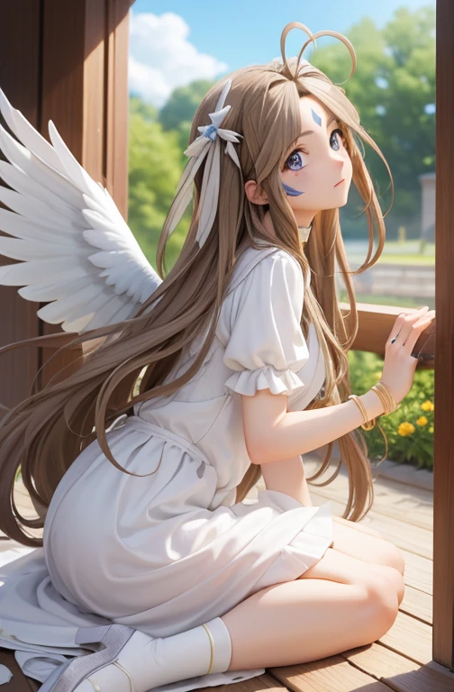 (masterpiece), best quality, high resolution, belldandy, long hair, blue eyes, brown hair, facial mark, forehead mark, gloves, wings, choker, bracelet, ring, feathers, angel wings, view from side:0.6, (forrest:1.1), sitting,perfect body