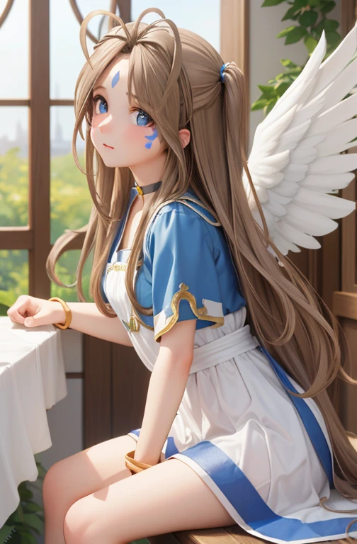 (masterpiece), best quality, high resolution, belldandy, long hair, blue eyes, brown hair, facial mark, forehead mark, gloves, wings, choker, bracelet, ring, feathers, angel wings, view from side:0.6, (forrest:1.1), sitting,perfect body