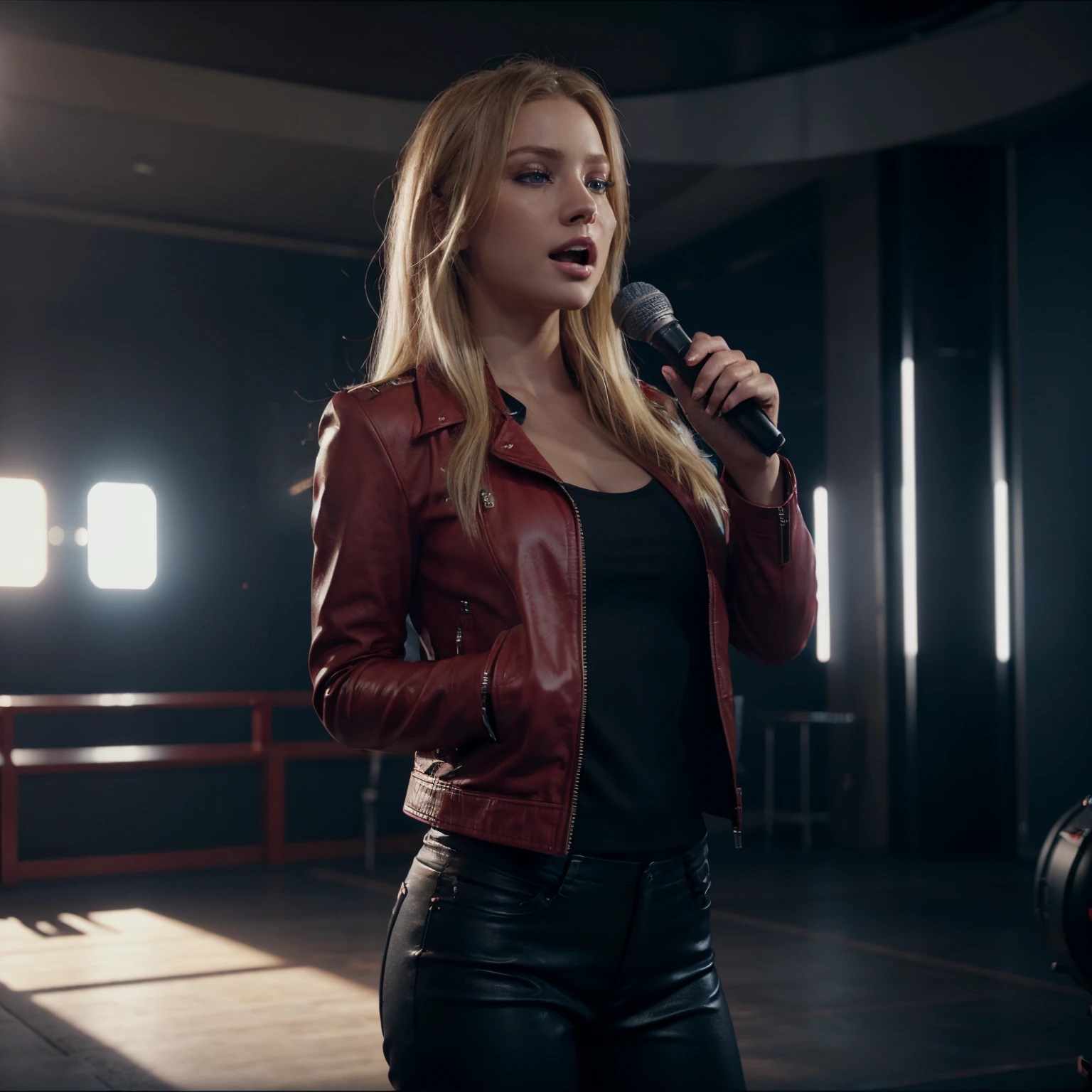 Blonde woman, blue eyes, singing with a microphone, red leather jacket, black pants, perfect body, ultra-realistic HD, 8K render, realistic, cinematic, photorealistic, Unreal Engine 5, bright sunny day, full screen.