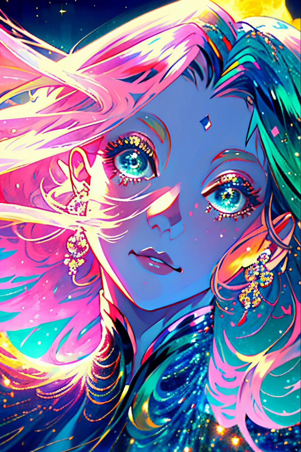 (simple hands: 0.5) + (detailed hands: 0.7), (obra-prima), (melhor qualidade), cabelo rosA, olhos verDES, 1girl, pale skinned, cabelo branco, olhos vermelhos, cabelo de dois tons, Cilia, pulseira, joias, sorriso, pele reluzente, cabelo brilhante, detailed and majestic stage, fantasia, cabelo longo, 1 , roupa colorida, cabelo de dois tons, night sky, fantasia,