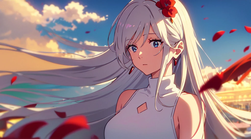 masterpiece, best quality, 1lady, solo, really long hair, white hair, (red flowers hair ornament), light blue eyes, earrings, day, Vast sky, beautiful skyline, black sleeveless turtleneck, off shoulder red open jacket, calm, close up