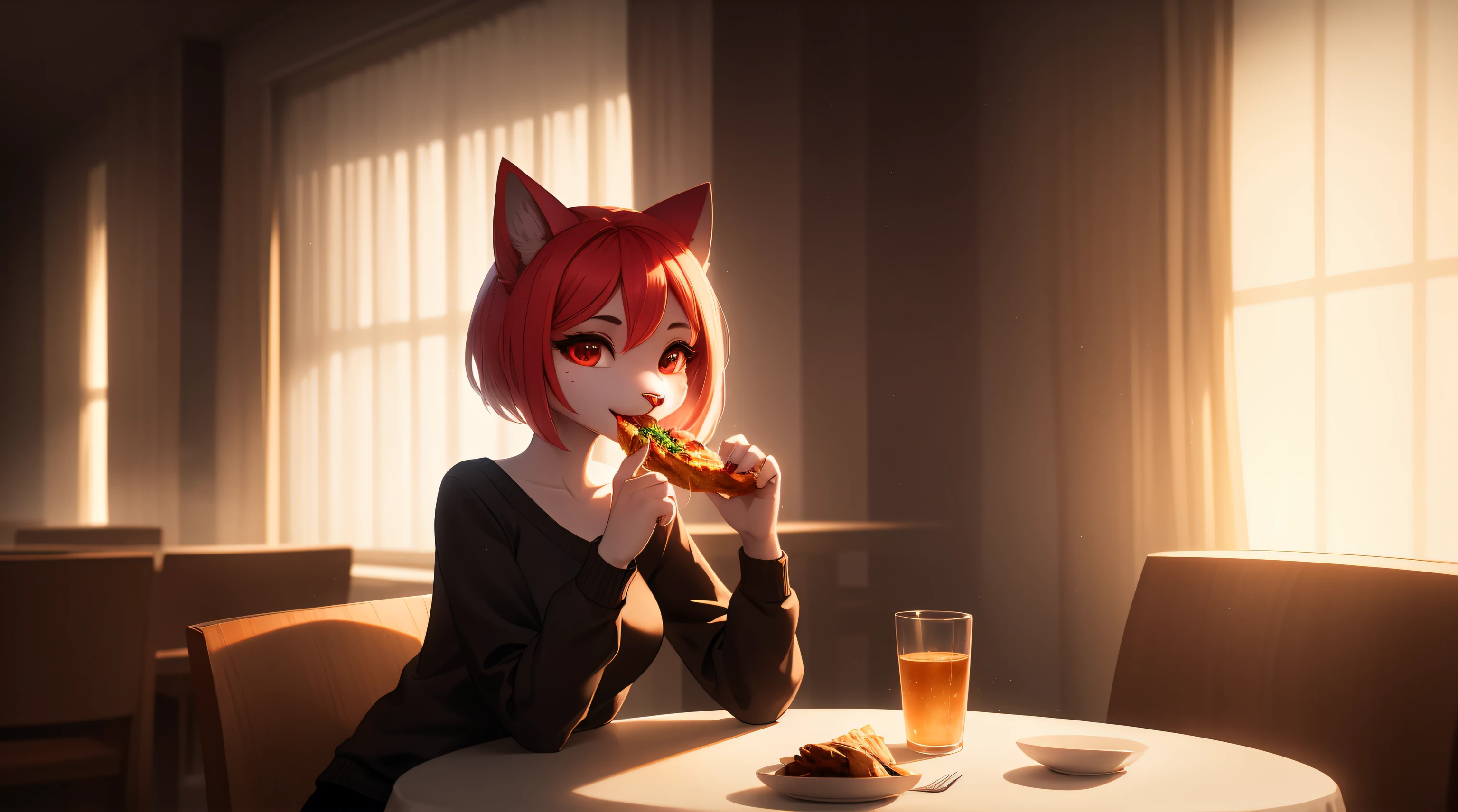 Miss Maomao casual wear. Anthropomorphic cat lady eating food . Her vibrant face looks beautiful against the light and shadow.、Dining atmosphere lighting effects 、Ultra-fine fur、Volumetric light is very detailed,Finest quality furry art