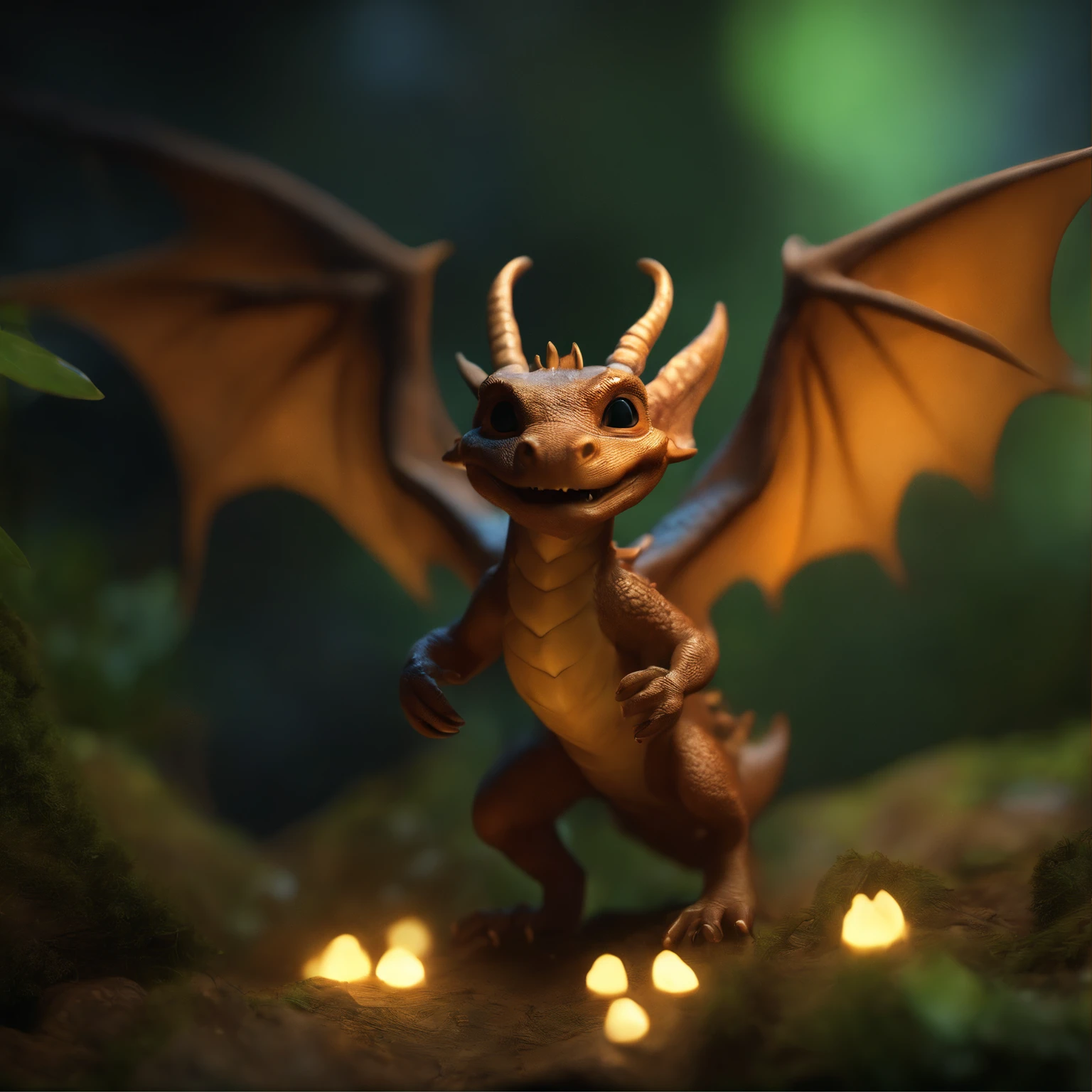 In the cave，Small male goblins, likeness of a dragon, leathery wings, Antlers...close-up of cute little fireflies, lighting up a bush, detailed picture, cgsociety, Detailed painting, artstation hd, higly detailed, cgsociety, photo realism, ConceptArt, artstation hd, official arts, bokeh,  static movement, dragon catches a drop,