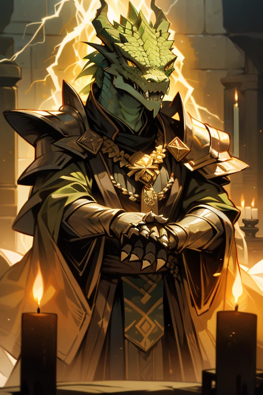 beautifull green dragonborn, solo, green eyes, male, standing, male focus, striaght black horns, teeth, indoors, green and gold robes, lightning in hand, glowing, sharp teeth, gauntlets, shoulder armor, green amulet, candle , ((masterpiece, best quality)), muscle
