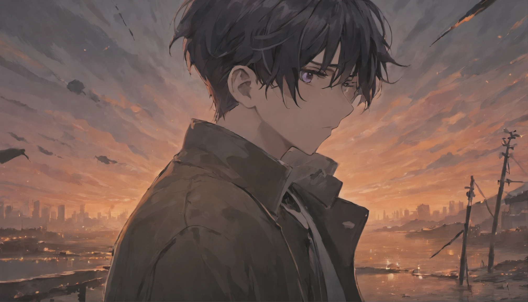 (Best Quality,despairing,Desperate,Dark-haired young man,deep in thought,Mysterious atmosphere),break down crying,Oil Painting,Realistic,Ultra-detailed,emotional,Undeservedly beautiful,Loneliness and isolation,Bright blue and deep purple color scheme,Dramatic Lighting,ruined buildings,Overgrown leaves,Crumbling walls,endless darkness,fiery red sunset,Stormy sky,tears ran down his face,Sad look,Broken Dreams,There was a dashed hope in his eyes.....,Distorted reality,dark secret,ominous shadows,Dagger in his hand,An uncertain future,Dim lantern,striking contrast,Expressive brush strokes and textures,Capturing moments of weakness and pain,attract the audience&#39;the feeling of,deeply introspective artwork.Distorted facial expressions,feeling of despair,Hold your head，face one&#39;s inner self,devil&#39;whisper of,Diabolical,fanciful,