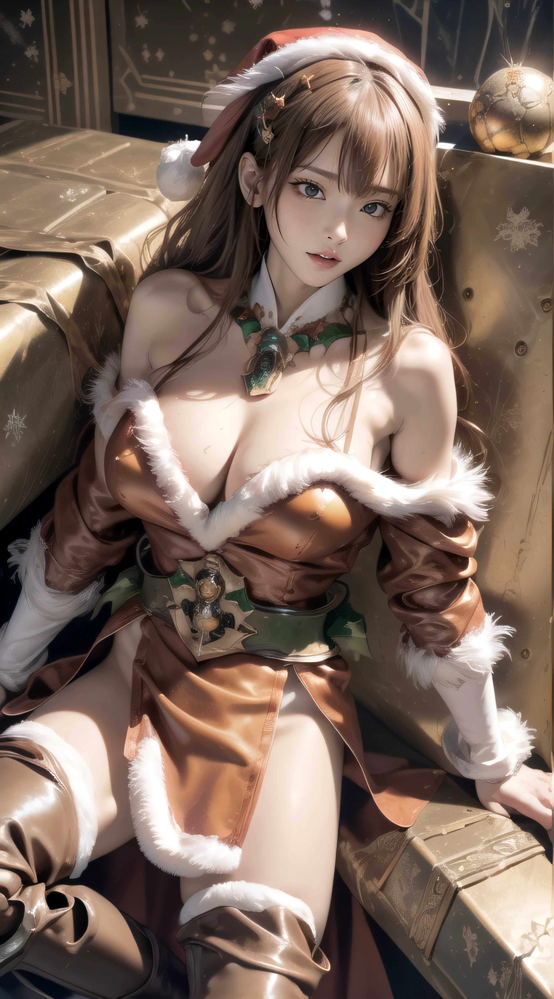 NSFW,Pornographic Images,1girl in,Ultra detailed skin,Curve,Petite,Beautiful breasts,Large breasts,pale skin,pointed breast,Erect nipples,(Fantasy Art,Highest image quality,Hyperrealist portrait,(8K),Ultra-realistic,Best Quality, High quality, High Definition, high quality texture,high detailing,Beautiful detailed,fine detailed,extremely details CG,Detailed texture,realistic representation of face,masutepiece,presence,Dynamic,Bold),Bob Hair,(Thin hair),(Soft hair),Swept long bangs,Extra bright coppery amber hair,Hair over one eye,((Clothed:1.5),Leather boots,Leather Gauntlet,(santa dress armor:1.5),(Long Silk Salon:1.5))),mecha musume,lucifer's wings,mechs_girl_Figure