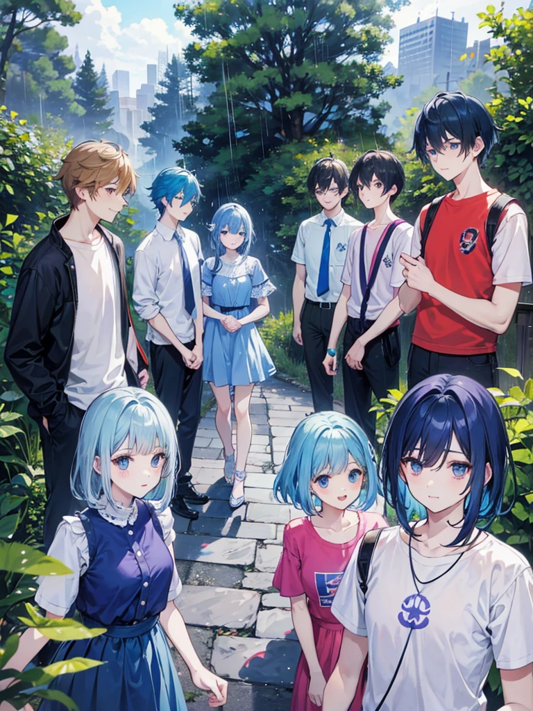 5boys and 2 girls.all of them arebest friends.theh go on different journeys together.all of them are smiling laughing.boys have yellow,blue,black,purple,blue,white,violet, shirts and pants,girls have blue,orange and red shirts.all of them have blue eyes.some boys have short hair while others have long hair.blue hair for all.girls also have short and long hair.different scenery,city,rain ,forest landscpae backgrounds with very high detail