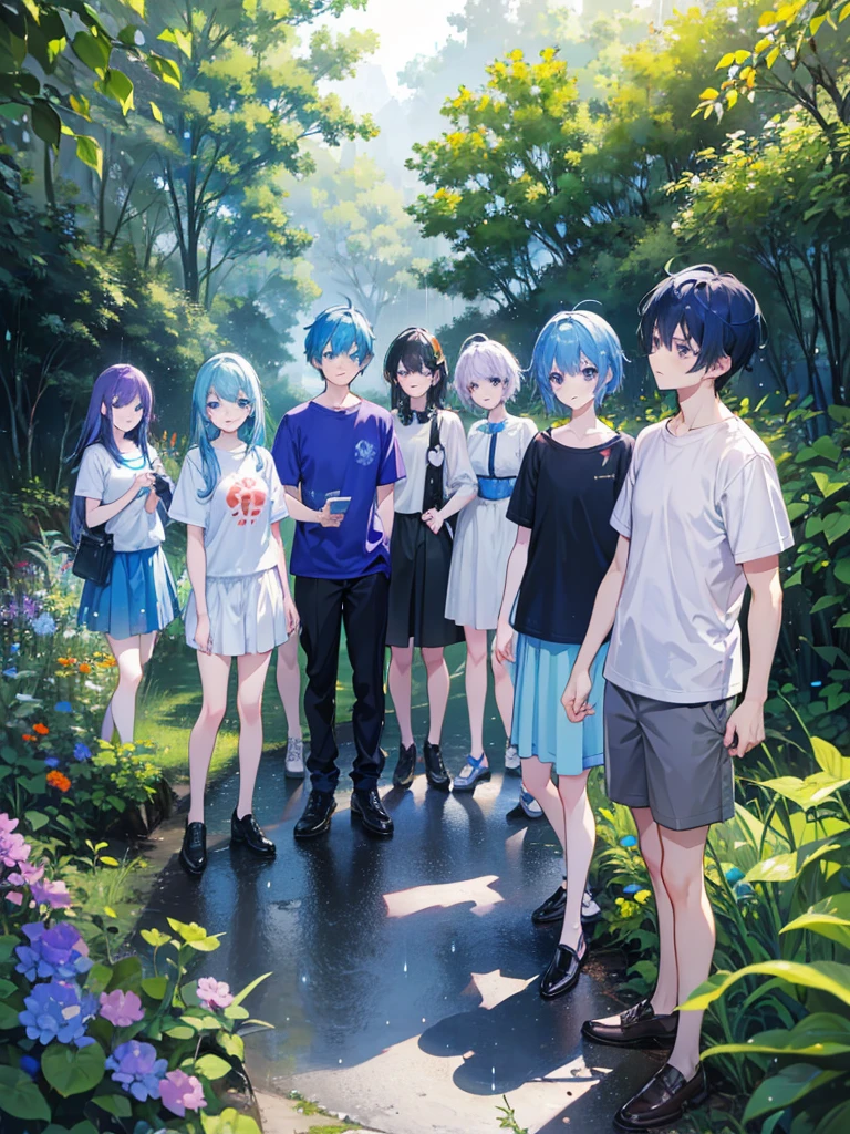 5boys and 2 girls.all of them arebest friends.theh go on different journeys together.all of them are smiling laughing.boys have yellow,blue,black,purple,blue,white,violet, shirts and pants,girls have blue,orange and red shirts.all of them have blue eyes.some boys have short hair while others have long hair.blue hair for all.girls also have short and long hair.different scenery,city,rain ,forest landscpae backgrounds with very high detail