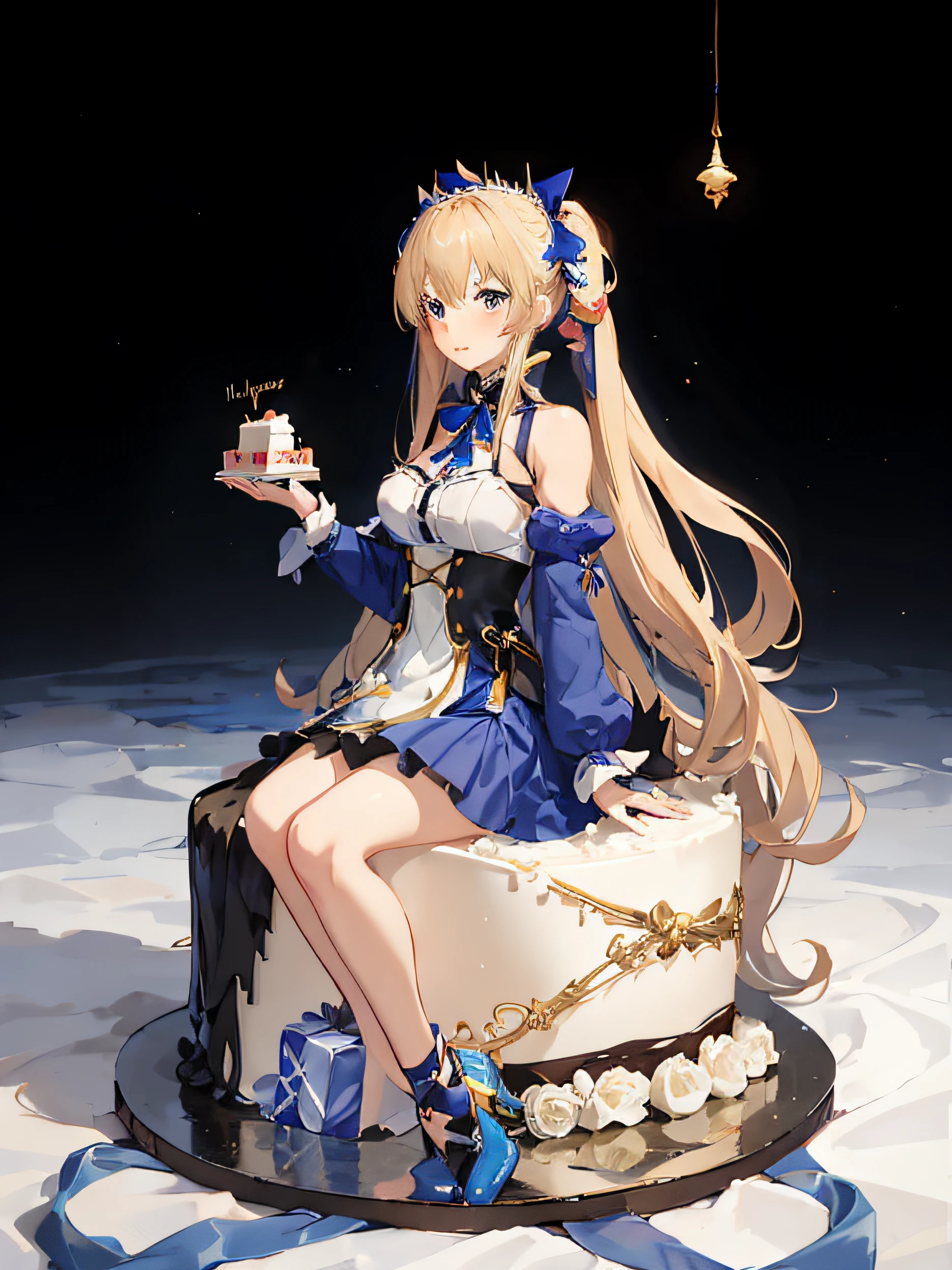 anime girl in a blue dress with long blonde hair and a bow, shadowverse style, azur lane style, blonde anime girl with long hair, fate grand order, anime goddess, happy birthday, birthday cake, gift box, left and right blue ribbon pigtails, cake,