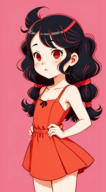 Cartoon Girl, lofi-girl, Inspired by Yumeji Takehisa, Cartoon vector style, change, Retro anime girl, lamplight!, Avatar picture, Wavy curly hair。Twist braids。Red slip dress。, Flat anime style, Cartoon minimalism, Flat vector art, flatillustration, Cartoon Cute, Anime portrait of Shiina Ringo