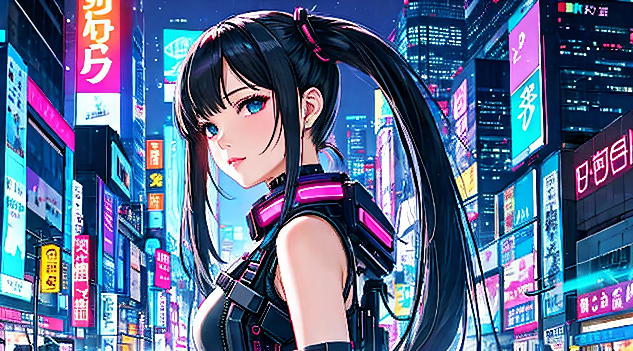Cyberpunk woman, night city, twin tails