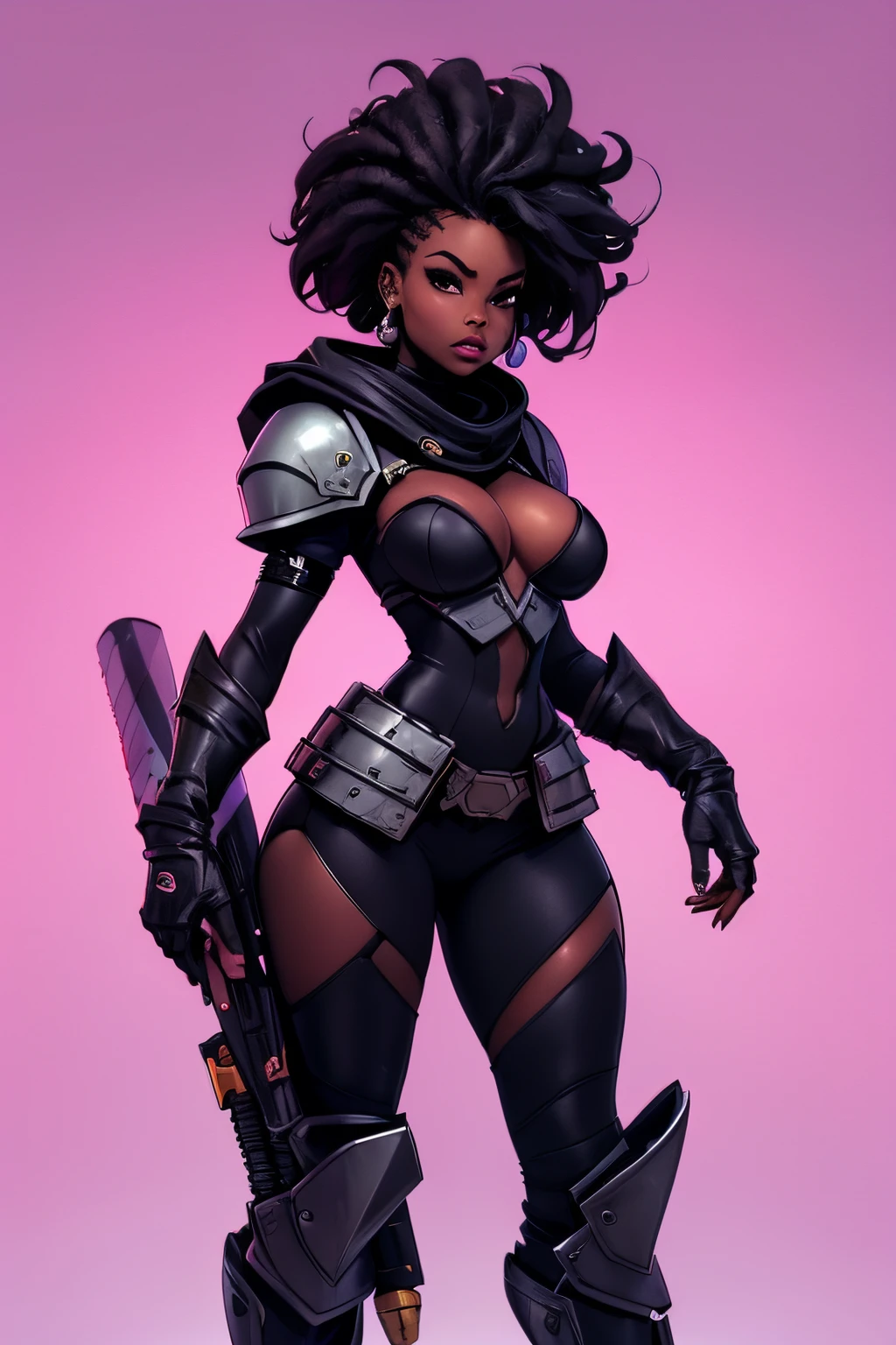 (((SFW, preta sexy, medium breasts, pele negra, corpo magro))), scientific fiction, armadura cortada, full body dynamic action pose, nave espacial como plano de fundo, corpo magro, Mandalorian Hunter, corpo inteiro, multicolorido, encaracolado, Encaracolado, cabelos modernos, modern accessories, pastel background, colorido e simples,Post apocalyptic_moda