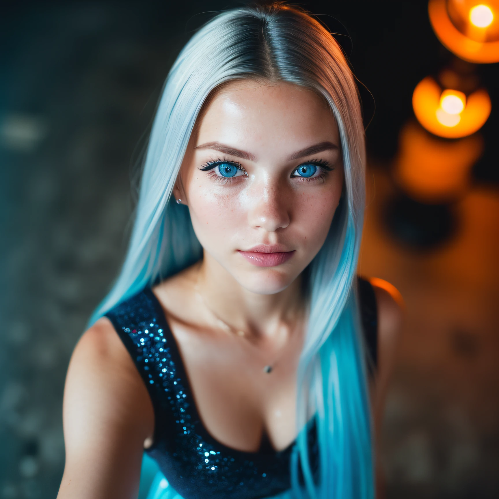 (selfie, top view: 1.4), (straight half of the body: 1.4), RAW UHD portrait photo of a 24-year-old long blue hair (blue-eyed woman) walking down on the beach, palm trees, (skirt), (neckline), details (textures! , hair! , glitter, color!! , disadvantages: 1.1), glossy eyes with high detail (looking at the camera), SLR lighting, SLR camera, ultra-quality, sharpness, depth of field, film grain (center), Fujifilm XT3, crystal clear, frame center, beautiful face, sharp focus, street lamp, neon lighting, bokeh (dimly lit), night, (night sky), detailed skin pores, oily skin, sunburn, complex eye details, full body, large breasts