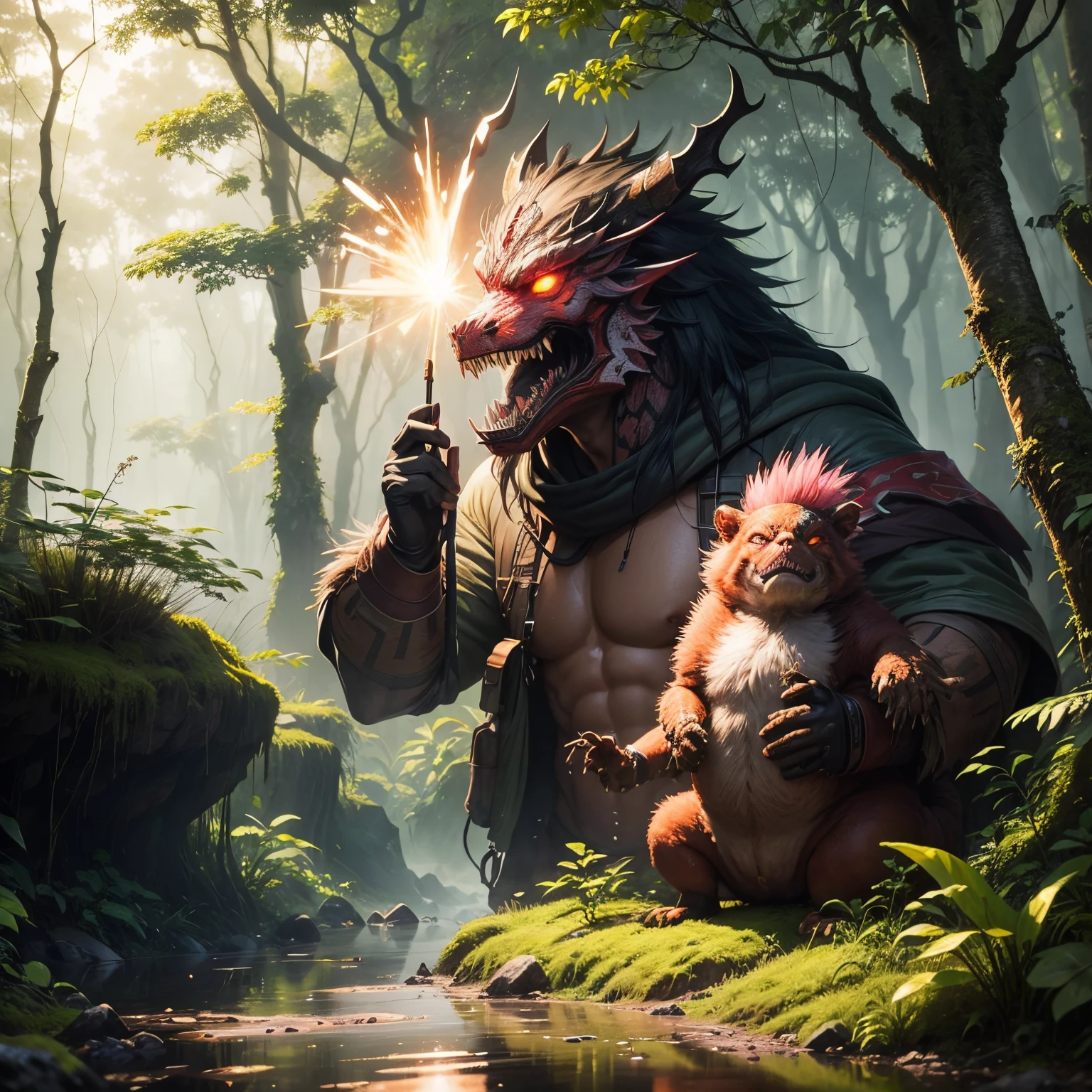 tmasterpiece，best qualtiy，Dense jungle，Rough and damp trees，Giant Fat，weeds，puddles，wet lands，piranhas，pink dragon,Brutal，brutality，Attacking，Bloods，heavy bleeding，super-fine，Works of masters，high quarity，8K分辨率，depth of fields，电影灯光，epic shooting