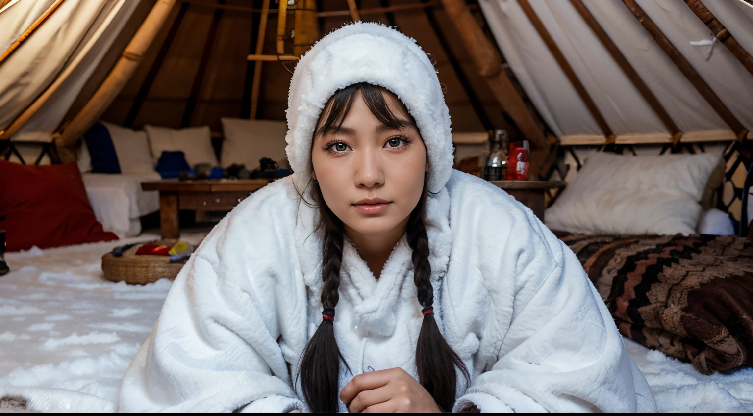 mongolian woman, inside yurt, winter, realistic eyes,