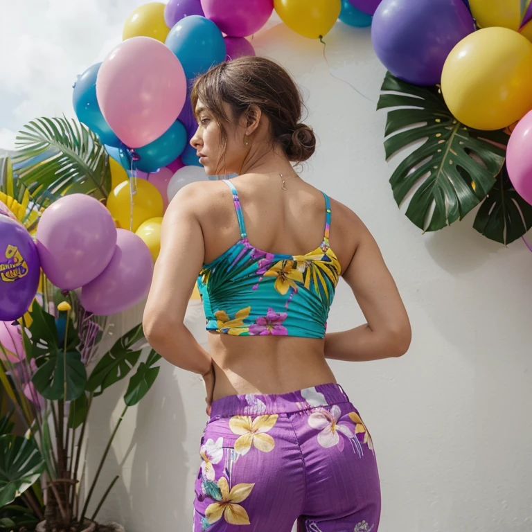 A person with their back turned to the camera, wearing a colorful top and purple pants, standing in front of a wall of balloonsThe top has a tropical print with flowers and leavesThe balloons are green, yellow, and whiteThere is a palm frond in the foreground