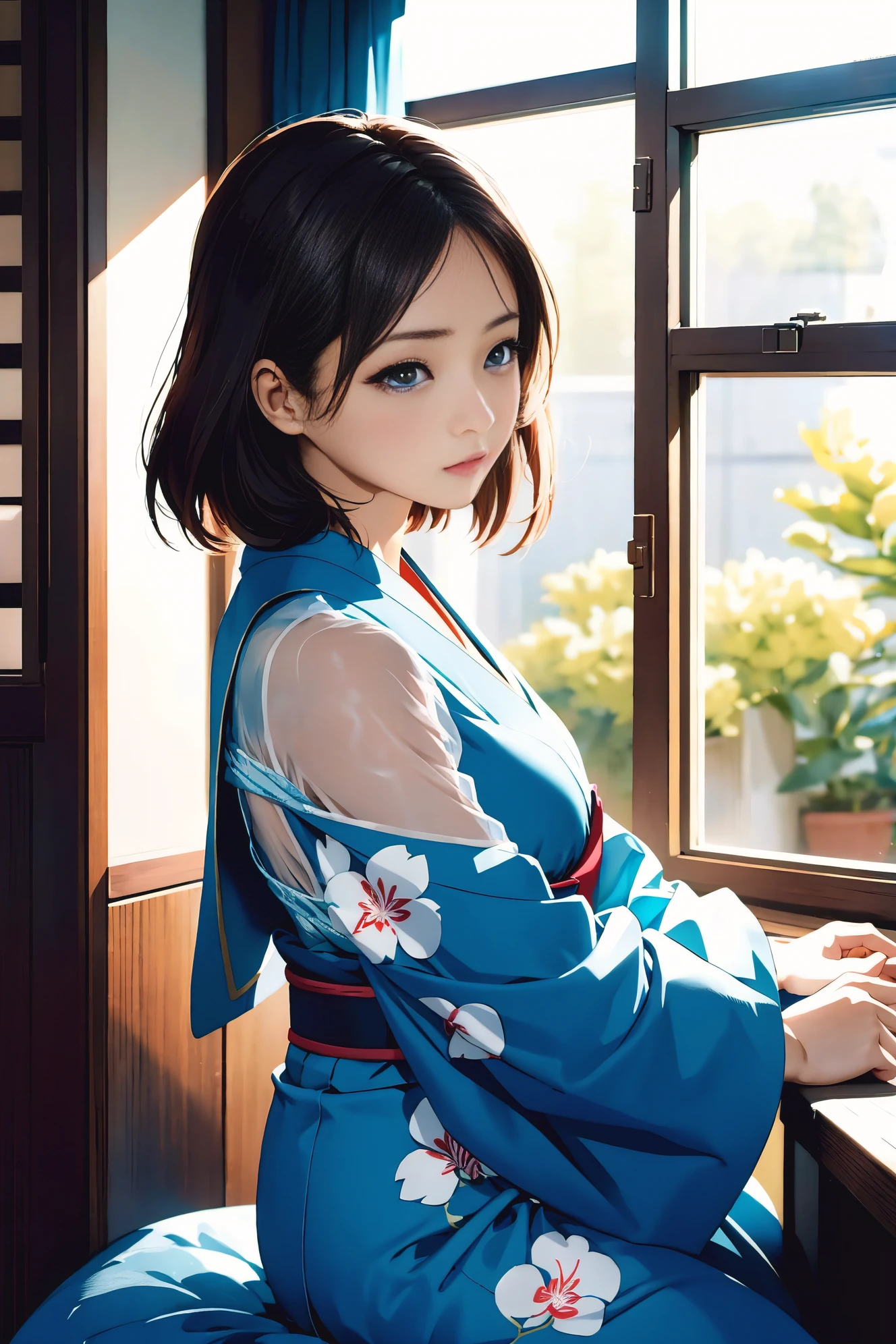 An arafi woman sitting on a bench in front of the window, chiho, jaeyeon nam, Shiori Teshirogi, narumi kakinouchi, Choi Hong Hwa, sakimichan, Chiho Aoshima, gemma chen, deayami kojima, Yuka Kazami, xintong chen, nishimiya shouko, harumi, (((Looking away))), ((Look at another one:1)), A woman stands in the pale blue flames of a dark sea mirage, wearing sexy, traditional Japanese costume. she is beautiful and transparent, pale skin, eyes glowing red, and amazing proportions, Sexy body、
