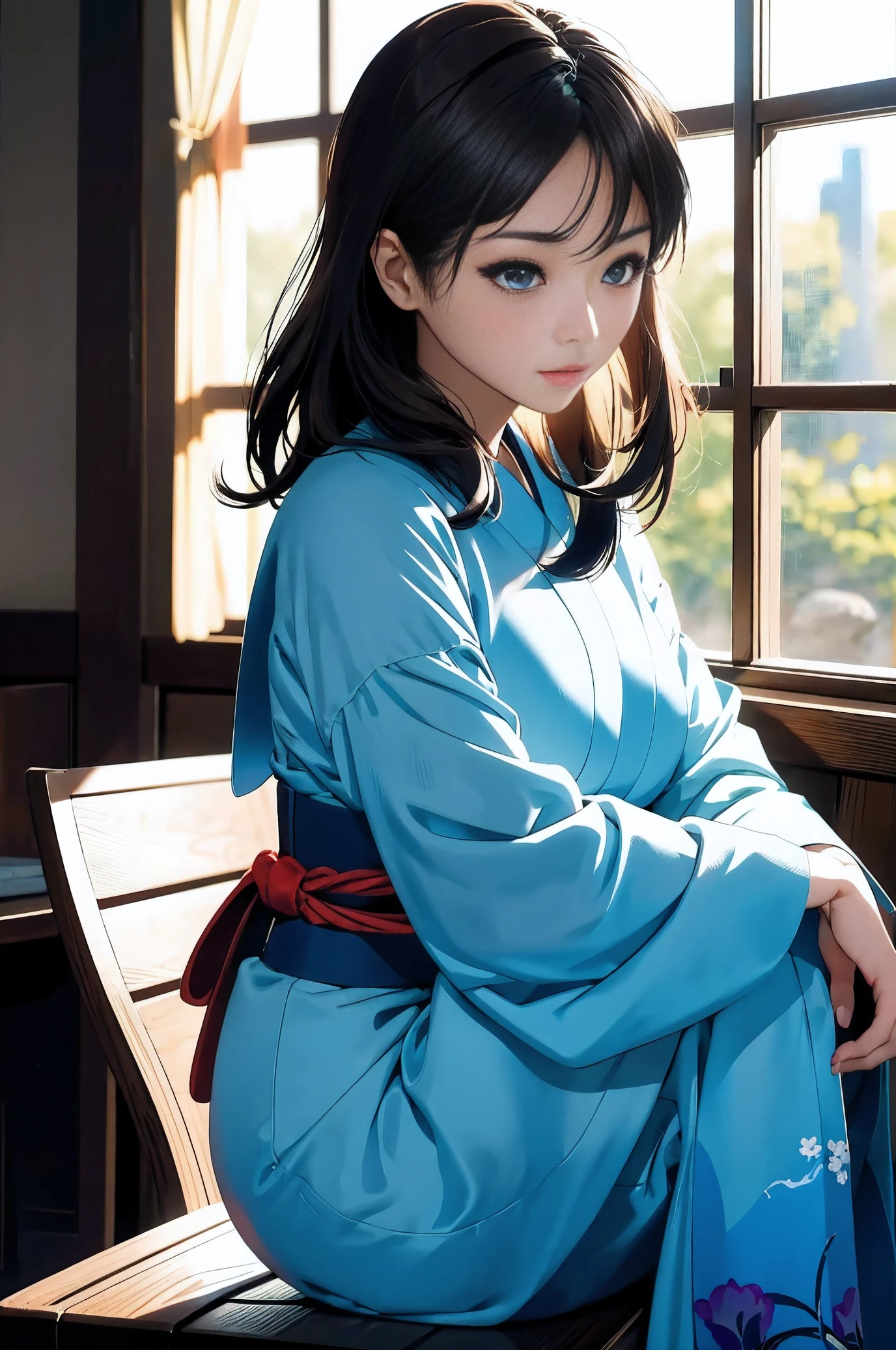 An arafi woman sitting on a bench in front of the window, chiho, jaeyeon nam, Shiori Teshirogi, narumi kakinouchi, Choi Hong Hwa, sakimichan, Chiho Aoshima, gemma chen, deayami kojima, Yuka Kazami, xintong chen, nishimiya shouko, harumi, (((Looking away))), ((Look at another one:1)), A woman stands in the pale blue flames of a dark sea mirage, wearing sexy, traditional Japanese costume. she is beautiful and transparent, pale skin, eyes glowing red, and amazing proportions, Sexy body、