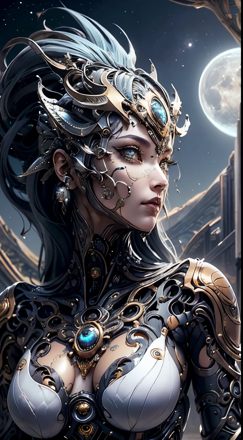 （best qualtiy，ultra - detailed，best best illustration，The best shadow，tmasterpiece，hight resolution，professionalartwork，famousartwork），A detailed eye，beautidful eyes，Close-up cleavage，sci-fy，colored sclera，Robotic eyes，face markings，Tattoos，（fractalized，Fractal Eye），largeeyes，largeeyes，（Eye focus），surface focus，the eye of the universe，Spaceeye，Close up of metal sculpture of woman with moon in hair，Welcoming。extremely high detail，3D Goddess Portrait，Goddess is very knowledgeable，a stunning portrait of a goddess，goddess profile avatar，portrait of a beautiful goddess，Goddess full body close-up，goddess hecate，portrait of a norse moon goddess，goddess of space and time