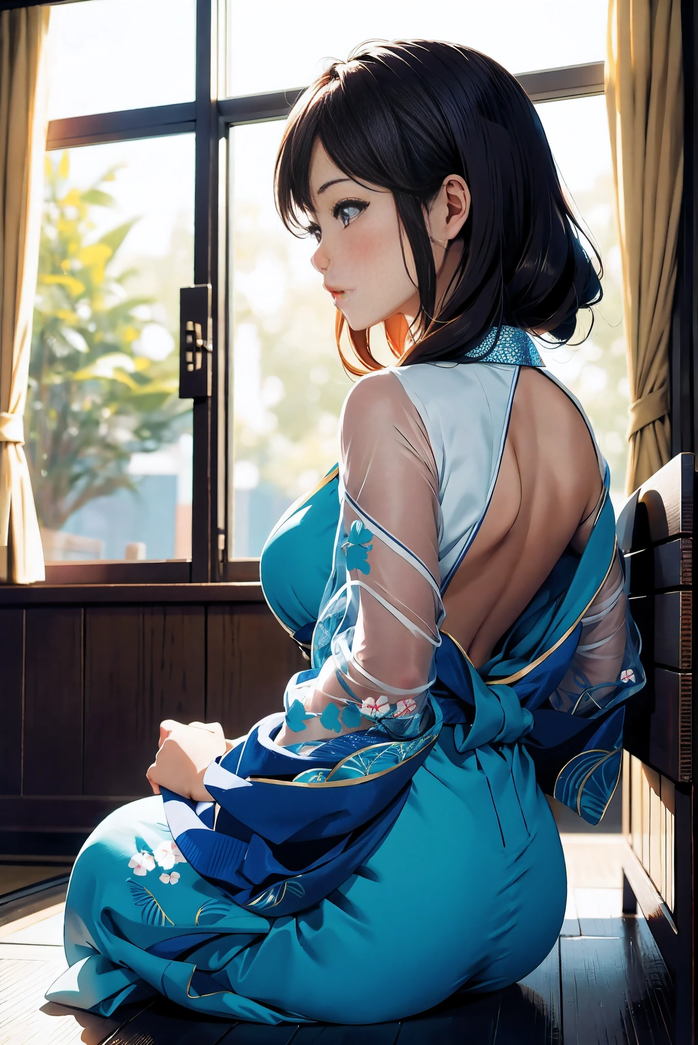 An arafi woman sitting on a bench in front of the window, chiho, jaeyeon nam, Shiori Teshirogi, narumi kakinouchi, Choi Hong Hwa, sakimichan, Chiho Aoshima, gemma chen, deayami kojima, Yuka Kazami, xintong chen, nishimiya shouko, harumi, (((Looking away))), ((Look at another one:1)), A woman stands in the pale blue flames of a dark sea mirage, wearing sexy, traditional Japanese costume. she is beautiful and transparent, pale skin, eyes glowing red, and amazing proportions, Sexy body、