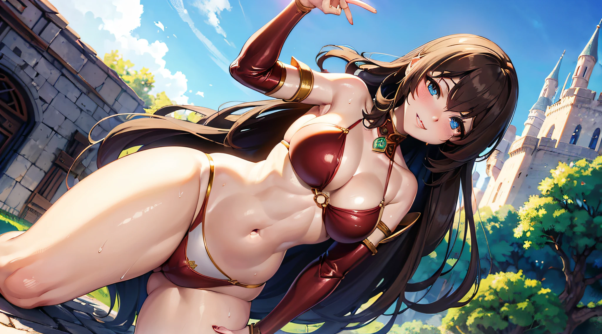 masutepiece, Ultra Detail, Hyper-Resolution, Highest Quality, 1 female (((Perfect body), Solo, mideum breasts, High resolution bright smile, Parted lips, blush, Sweat, Medium long brown hair, Dark Blue Eye, fantasy red bikini armor, Rim lighting, No extra fingers, No extra arms, No extra legs, (8K Portrait), pose in front of the castle)), Background((medieval fantasy european city, Plaza garden during the day)), 8K Wallpaper.