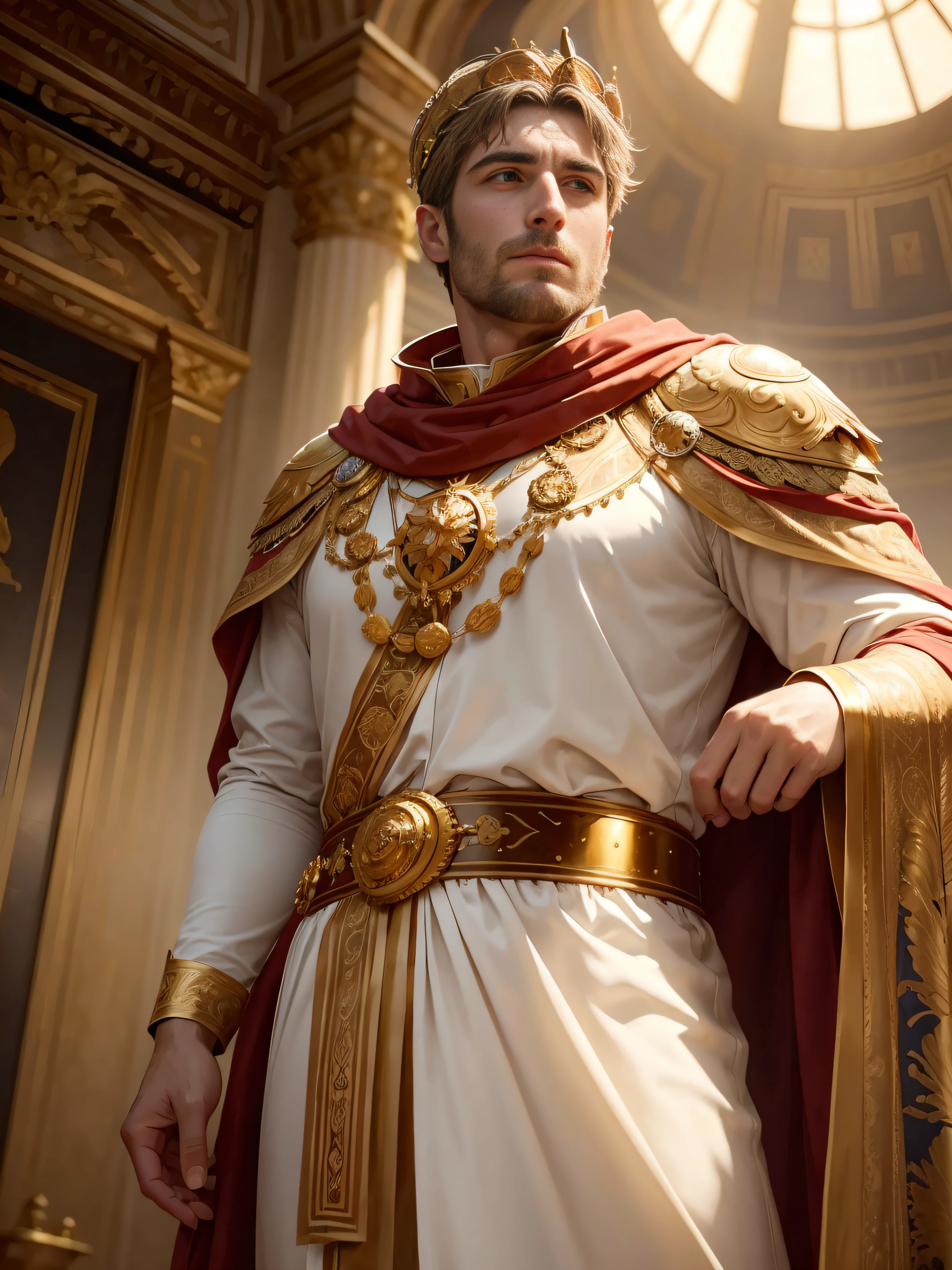 (Best Quality,Ultra-detailed,Realistic:1.37),Portrait,Constantine the Great,Roman Emperor,powerful and dignified,Bearded face,Piercing eyes,Strong Jawline,imperial crown,golden laurel wreath,Glamorous robes,Richly embroidered with symbols of authority,Shining Armor,sword at his side,gazing into distance,Standing tall and proud,inside a magnificent roman palace,soft warm lighting,Faint sunlight shining through the large window,hali々create an atmosphere of,Vibrant colors with a touch of gold,Highlighting the Emperor's noble presence.