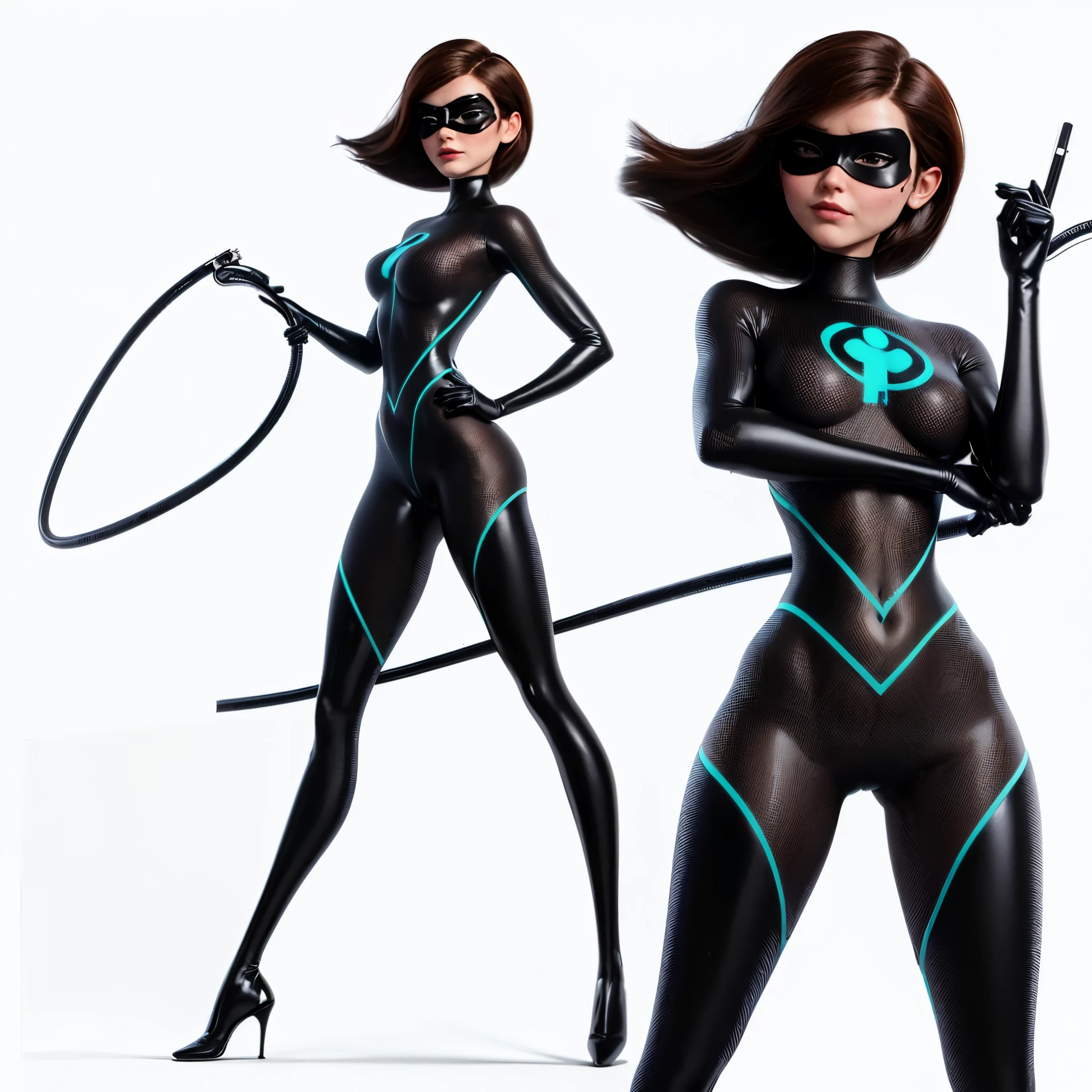 Helen Parr. masterpiece. top-quality. solo. brown haired. A black mask that obscures the eyes. Latex bondage. Tattoo of the lower abdomen. adult lady. Eye Mask. headphone. Provocative smile. shorth hair. red and black costume. headphones. full body Esbian. Pink lighting,