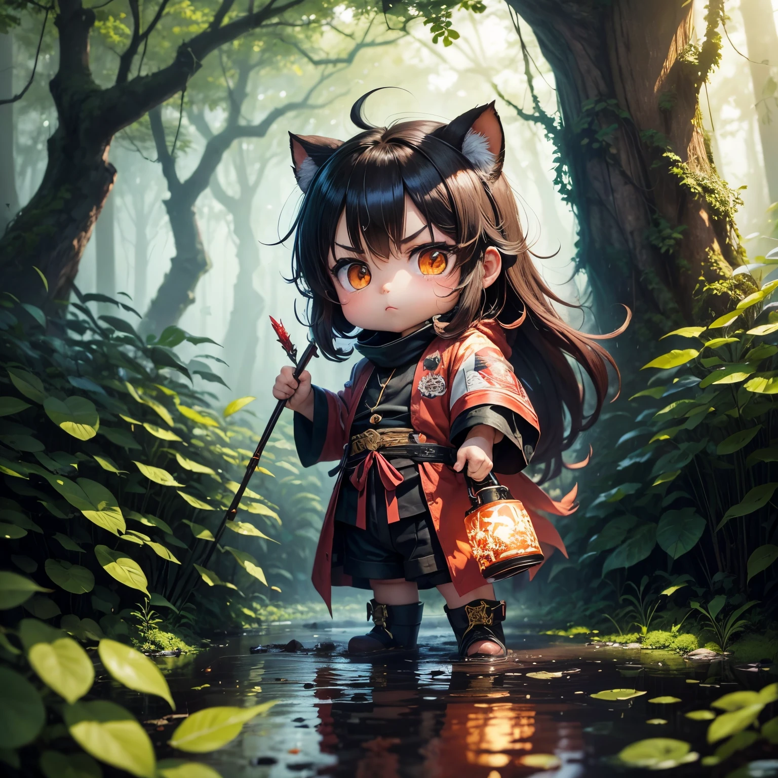 tmasterpiece，best qualtiy，(Chibi Chara:1.2)Dense jungle，Rough and damp trees，Giant Fat，weeds，puddles，wet lands，piranhas，Brutal，brutality，Attacking，Bloods，heavy bleeding，super-fine，Works of masters，high quarity，8K分辨率，depth of fields，电影灯光，epic shooting