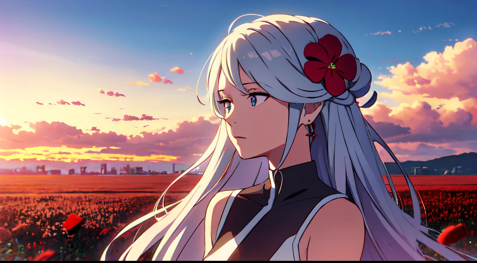 masterpiece, best quality, 1lady, solo, really long hair, white hair, (red flowers hair ornament), light blue eyes, earrings, day, Vast sky, beautiful skyline, black sleeveless turtleneck, off shoulder red open jacket, calm, close up