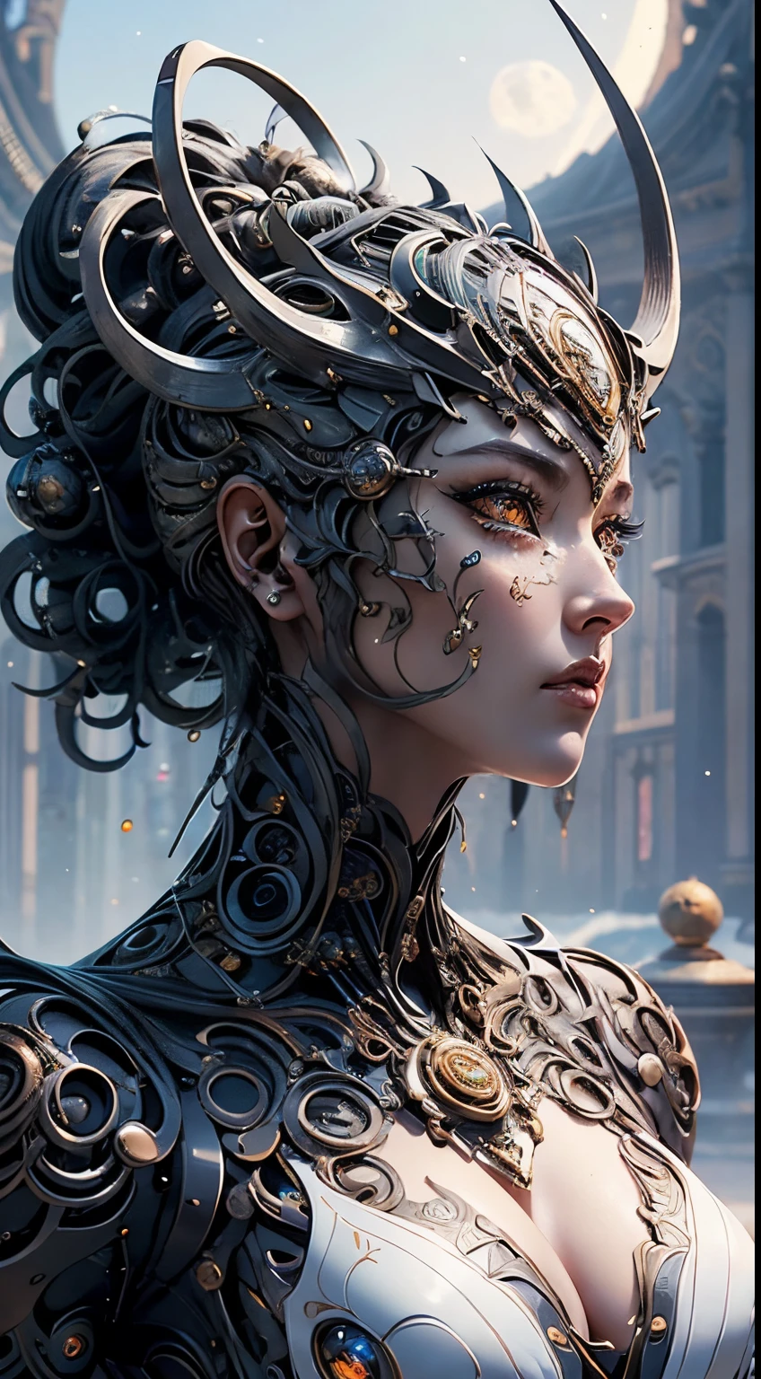 (best qualtiy,ultra - detailed,best best illustration,The best shadow,tmasterpiece,hight resolution,professionalartwork,famousartwork),A detailed eye,beautidful eyes,Close-up cleavage,sci-fy,colored sclera,Robotic eyes,face markings,Tattoos,(fractalized,Fractal Eye),largeeyes,largeeyes,(Eye focus),surface focus,the eye of the universe,Spaceeye,Close up of metal sculpture of woman with moon in hair,Welcoming。extremely high detail,3D Goddess Portrait,Goddess is very knowledgeable,a stunning portrait of a goddess,goddess profile avatar,portrait of a beautiful goddess,Goddess full body close-up,goddess hecate,portrait of a norse moon goddess,goddess of space and time