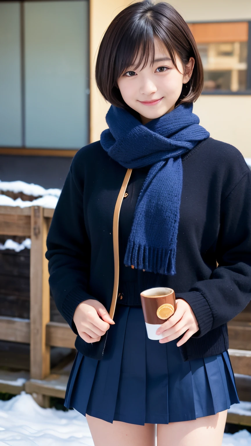 top-quality, masutepiece, 超A high resolution, (Photorealistic:1.4), Raw photo, A highly detailed, perfect anatomia, 

In the winter schoolyard, 

1girl in, ((15yo student)), most popular japanese idols, (Wearing Japanese high school winter clothes, Cute design muffler, cute design glasses), Face Focus, close-up, Innocent smile, Looking at Viewer, Very beautiful attractive butt pointing upwards, 
Very cute face like the most famous Japanese idol, very beautiful big black firm eyes, very beautiful black short cut hair, very beautiful realistic white skin, very beautiful wet lips, 

Detailed glasses, Detailed Japanese high school winter uniforms, Cute muffler with detailed design