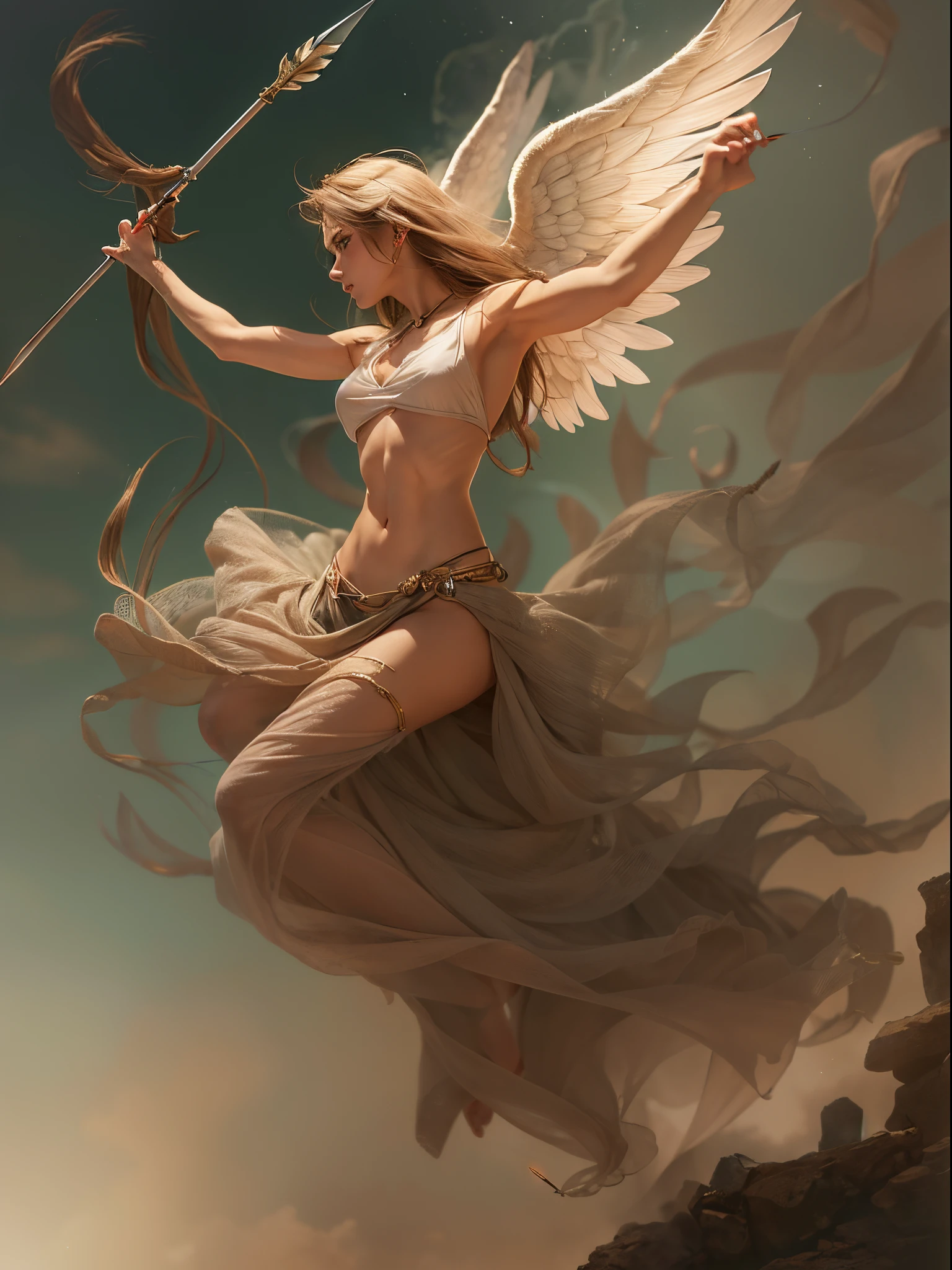(Finest quality)),(超A high resolution),(ultra-detailliert),(Meticulous portrayal),((best pictures)),(Finest works of art),Ultra-Precision Art,The art of astounding depiction, Fantasyart:1.5, (A female angel swinging a spear:1.7),Beautiful and well-groomed face:1.5,Angry face:1.5,(toned body:1.6), demon being purified:1.5