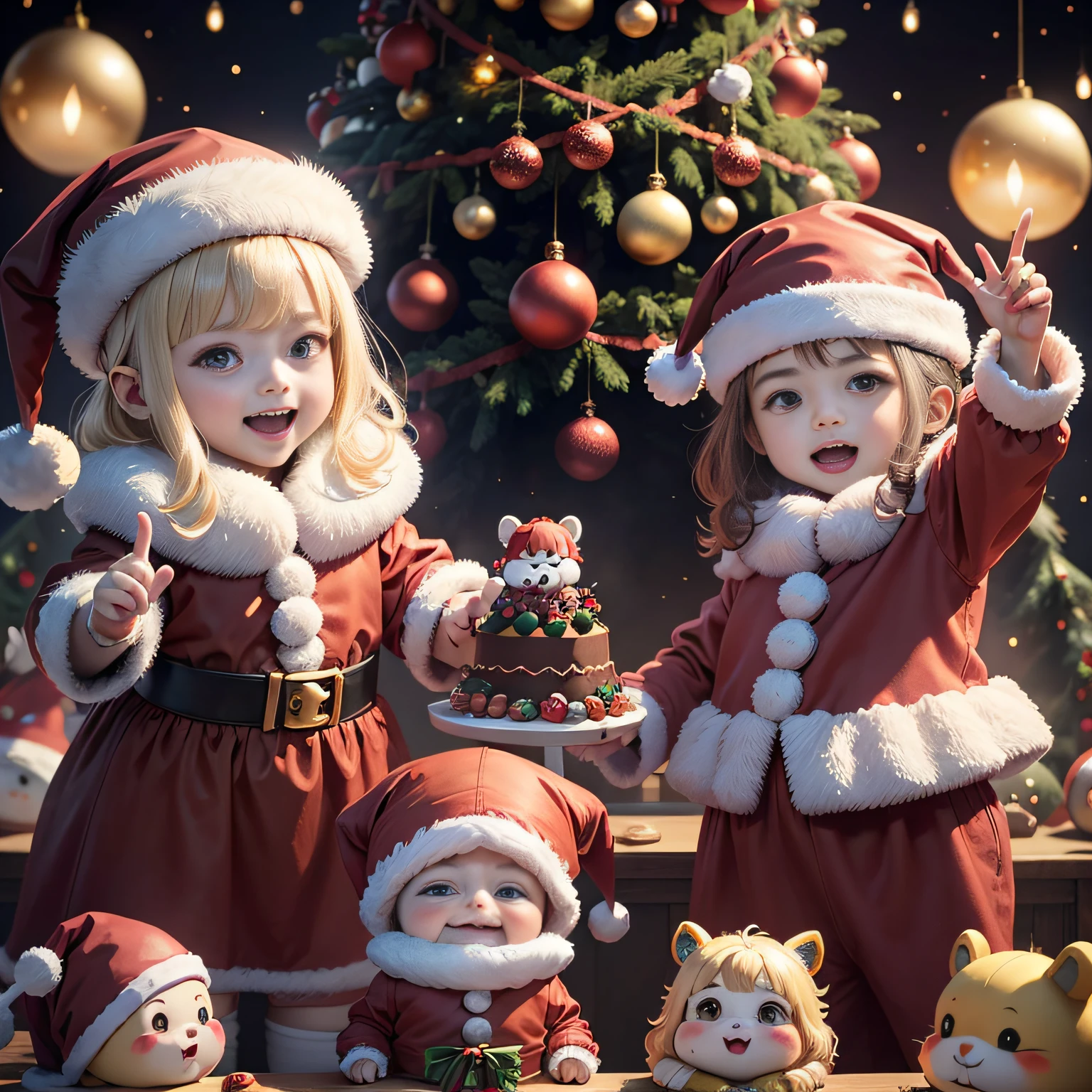 Comical and cute little monsters will be your friends.、.超A high resolution、An ultra-high picture quality、8K、Detailed details、marvelous expression、Many children are enjoying the party together、Santa Claus Costume、Christmas tree and party venue background、