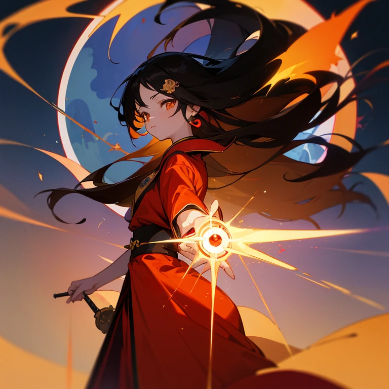 s girl,The human,animesque,japanic style,A dark-haired,Shiny and smooth long hair,golden hair ornament with rubies,Orange Eyes,校服,Red Blazer,dark red long skirt,Wearing a red and gold kimono,cute little,a cool,adult-like,friend,optic,A light,crane,magical forest,Colored leaves,natta,a moon,uses magic,ruby,Pedras preciosas,holding magic wand,facing front,Best Quality,high-level image quality