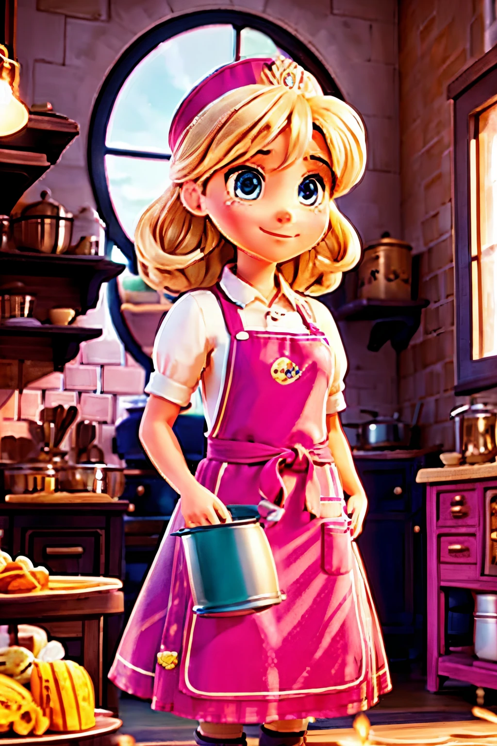 Woman)))blonde, HAIR WITH STRIKES, BLACK EYES, BLONDE HAIR, in a confectionery uniform, with apron and COOK'S CAP, INSIDE THE KITCHEN OF A CONFECTIONERY, BEHIND THE COUNTER WITH SWEET BRIGADEIRO ON THE TABLE close up, looking from front with the viewer WHITE CLOTHES AND PINK APRON, WRITTEN ON THE APRON MaJu, MIXER ON THE TABLE, SPARRULAS AND OVEN IN THE BACKGROUND, image inspired by Disney pix cartoons, princess style