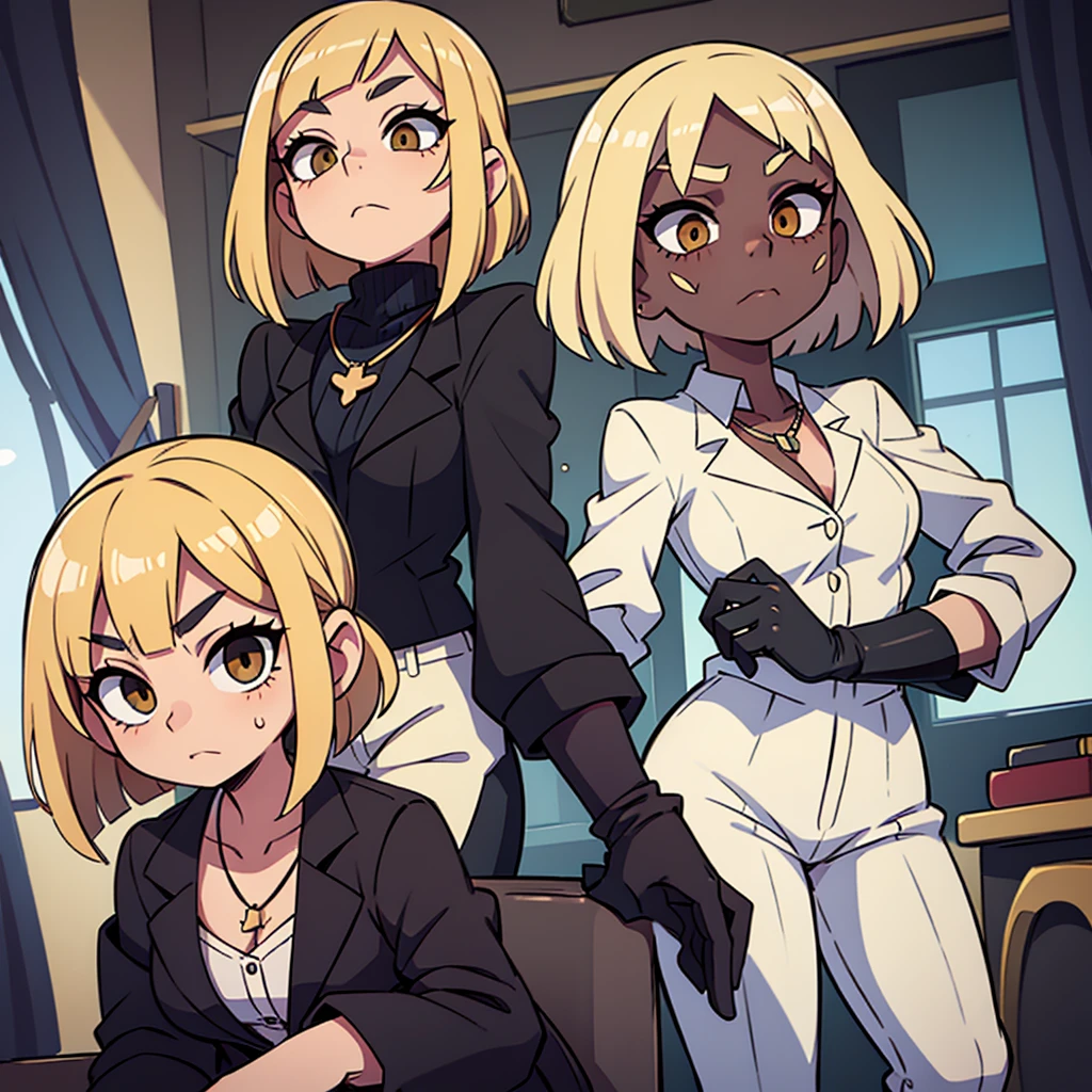 Blonde Bob, white eyes, black mask, Business Style, black gloves, necklace,